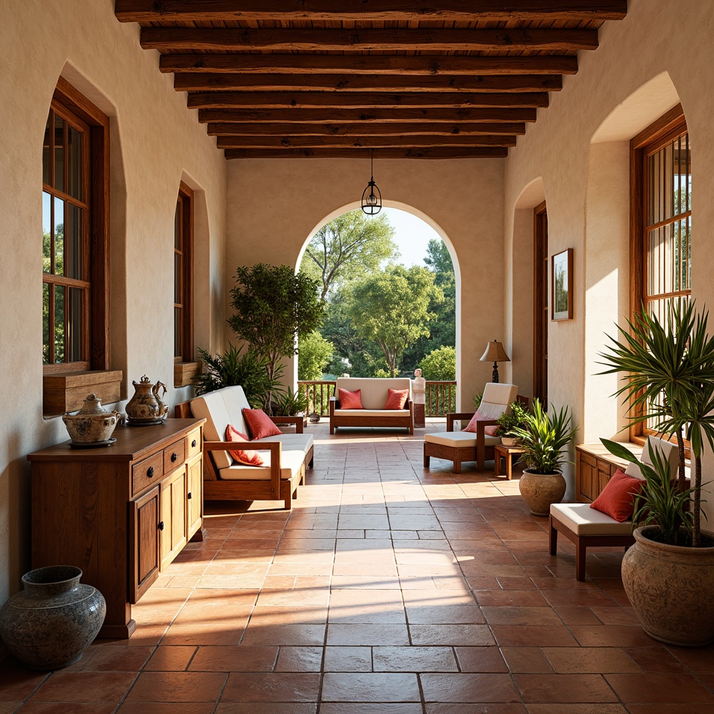 Prompt: Warm Mediterranean villa, terracotta tile flooring, rustic wooden accents, natural stone walls, arched windows, ornate metalwork, colorful ceramics, vibrant textiles, lush greenery, sunny day, soft warm lighting, shallow depth of field, 3/4 composition, panoramic view, realistic textures, ambient occlusion.