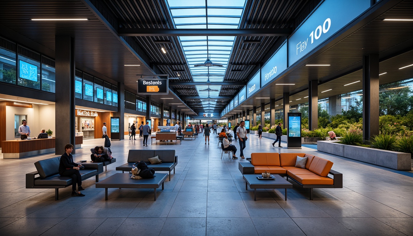 Prompt: Modern train station, sleek metal benches, ergonomic seating, vibrant LED lighting, dynamic digital displays, futuristic waiting areas, minimalist design, spacious platforms, urban architecture, high-ceilinged roofs, natural stone flooring, green walls, wooden accents, comfortable lounge chairs, power outlets, USB charging stations, free Wi-Fi, panoramic views, shallow depth of field, 1/1 composition, realistic textures, ambient occlusion.