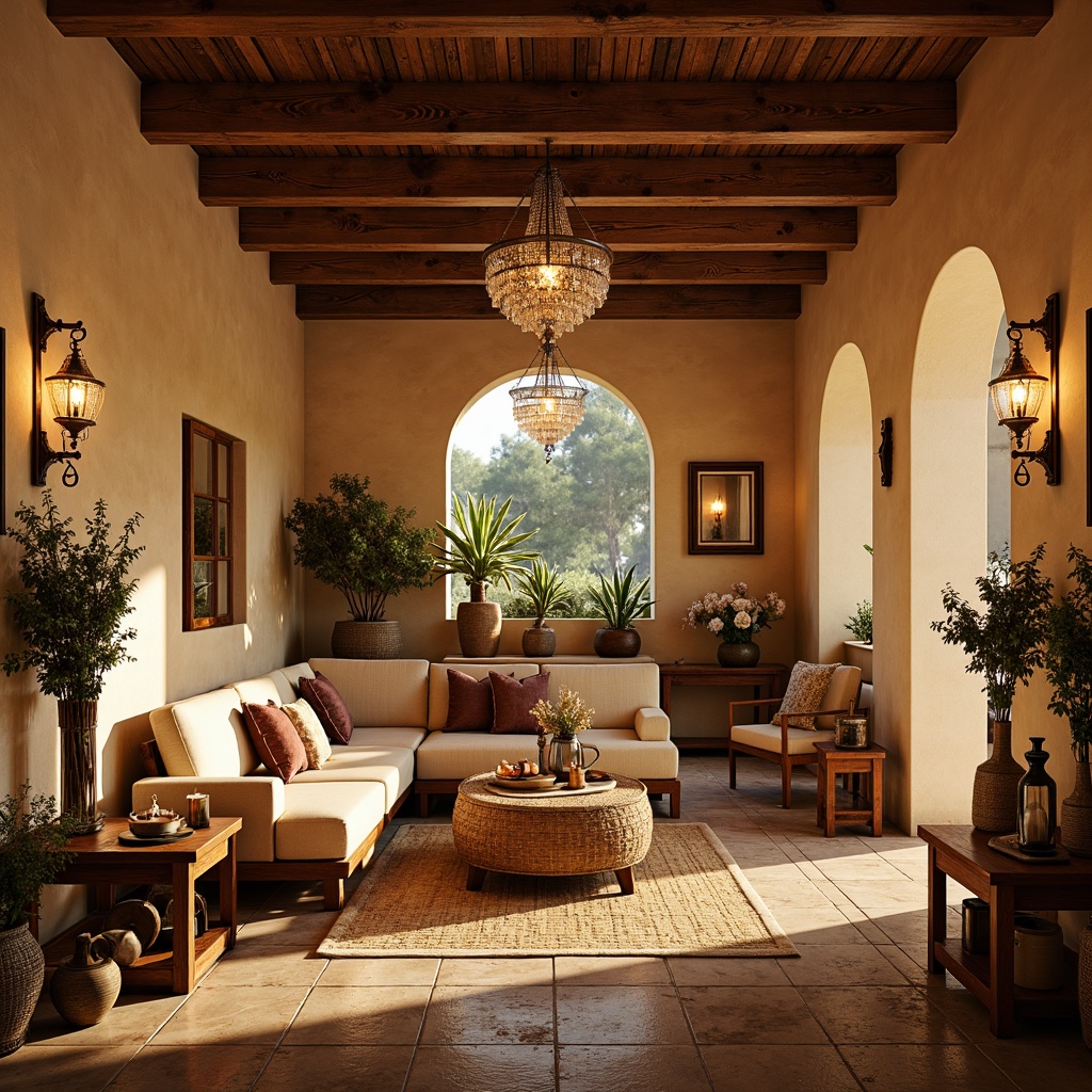 Prompt: Warm Mediterranean interior, rustic wooden beams, soft golden lighting, warm-toned walls, ornate metal lanterns, crystal chandeliers, ambient candles, natural textiles, woven baskets, earthy color palette, cozy niches, arched windows, distressed wood furniture, vintage decorative accents, soft diffused light, layered lighting, warm white LED lights, pendant lamps, recessed lighting, subtle shadows, relaxed atmosphere, sunny day, gentle warmth.