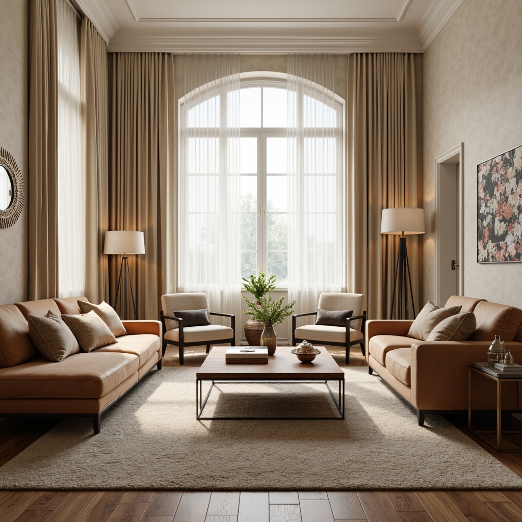 Prompt: Elegant living room, neutral color palette, comfortable velvet sofas, wooden coffee tables, minimalist metal frames, plush area rugs, warm beige walls, soft cream curtains, modern accent chairs, sleek glass console tables, ornate gold lighting fixtures, natural wood flooring, subtle texture variations, atmospheric softbox lighting, shallow depth of field, 2/3 composition, realistic fabric textures, ambient occlusion.