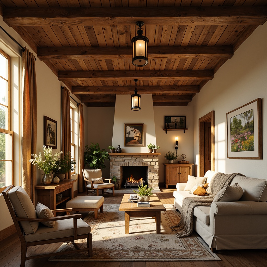 Prompt: Rustic farmhouse, warm golden lighting, soft candle glow, pendant lanterns, vintage metal chandeliers, distressed wood accents, earthy tones, natural textiles, floral patterns, cozy reading nooks, plush throw blankets, wooden shutters, country-style kitchen islands, exposed beams, stone fireplaces, warm beige walls, creamy white trim, morning sunlight, afternoon shadows, 1/2 composition, shallow depth of field, warm color palette.