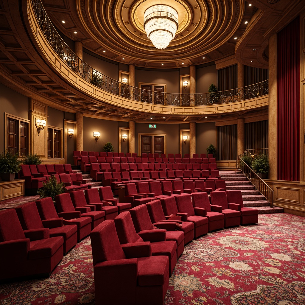 Prompt: Velvety seating areas, tiered rows, circular stage, ornate chandeliers, grand staircase, luxurious carpets, rich wood accents, metallic railings, plush cushions, vibrant fabric patterns, soft warm lighting, shallow depth of field, 1/2 composition, realistic textures, ambient occlusion, grandiose architecture, opulent materials, majestic atmosphere, dramatic ceiling heights.