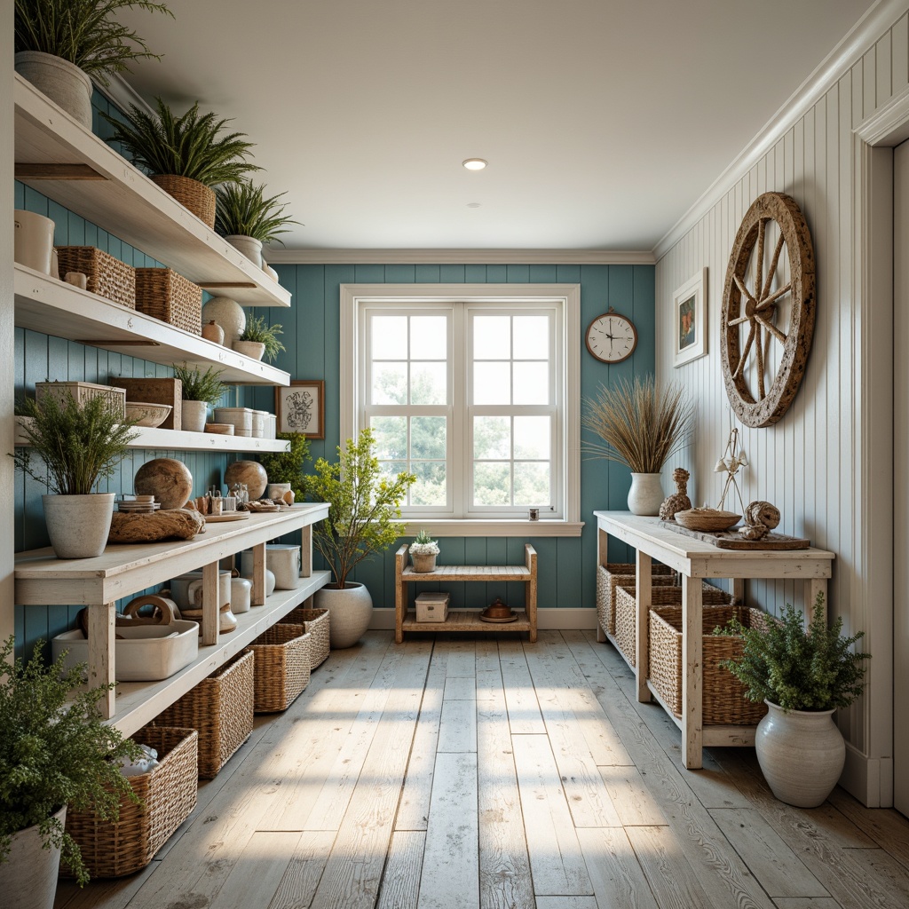 Prompt: Coastal storage room, driftwood accents, calming ocean blue hues, crisp white shelves, natural woven baskets, weathered wood flooring, distressed finishes, beachy textures, soft sunlight filtering through windows, warm beige walls, vintage nautical decorations, rusty metal hardware, coral-inspired patterns, airy open space, 1/1 composition, soft focus, realistic rendering.