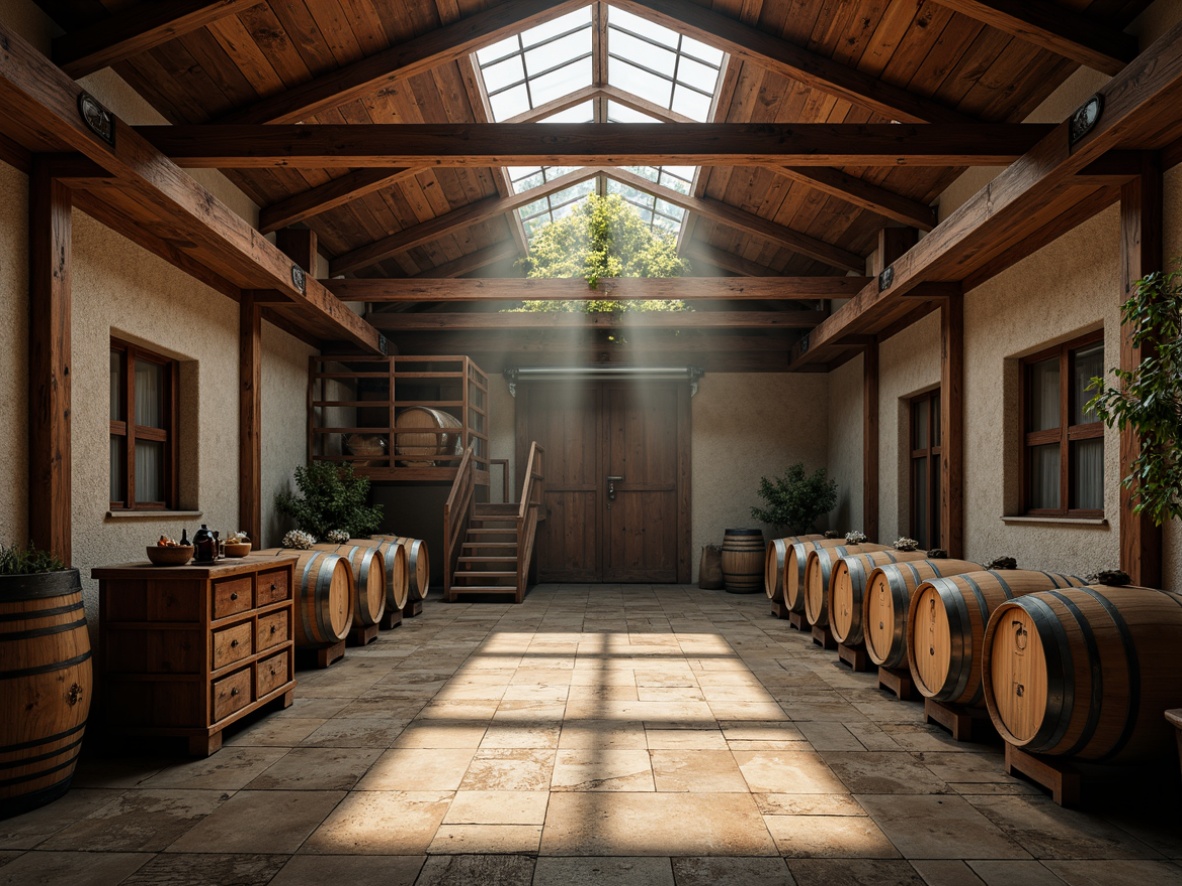 Prompt: Rustic winery interior, exposed wooden beams, industrial metal accents, reclaimed wood flooring, vintage wine barrels, dim warm lighting, earthy tones, natural stone walls, wooden crates, wine cellar atmosphere, rustic metal doors, wooden ladder, overhead skylight, 1/1 composition, soft focus, atmospheric mist.