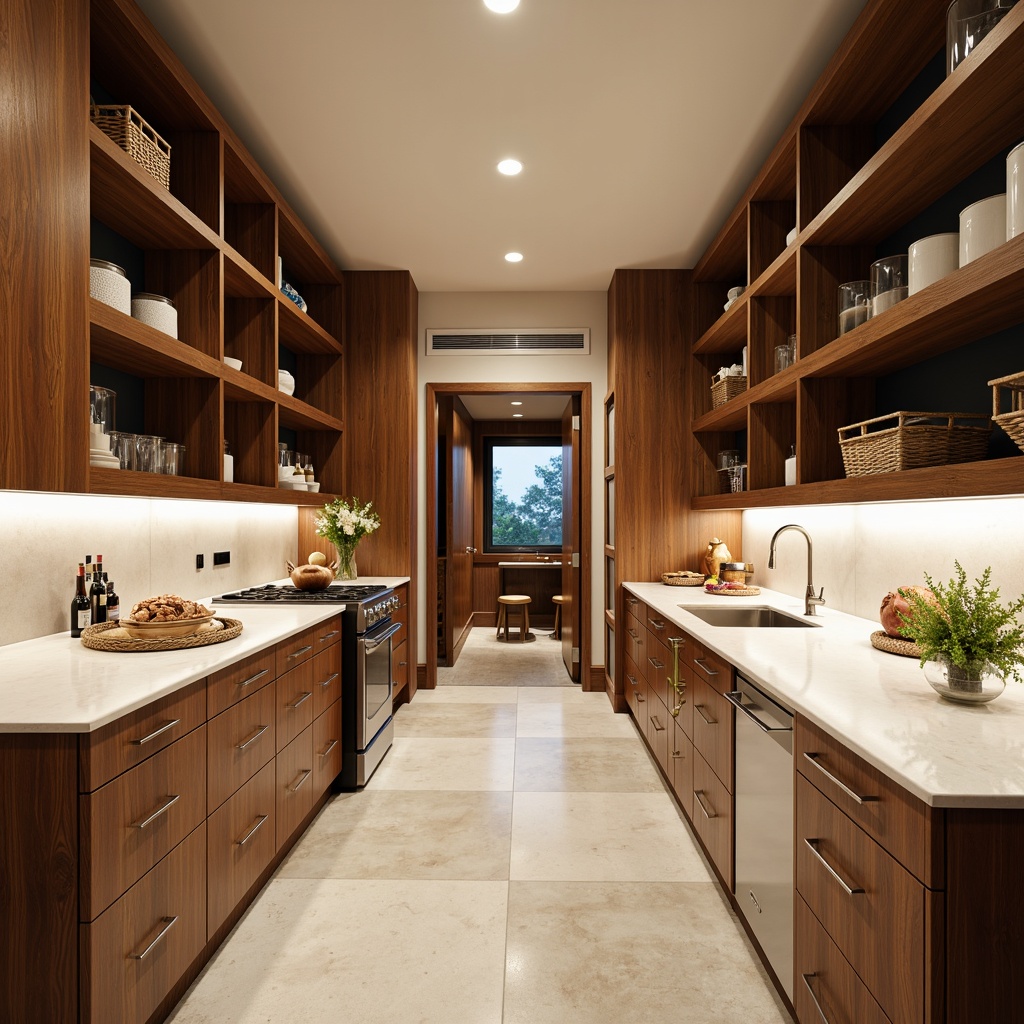 Prompt: Cozy pantry, sleek modern cabinets, soft-close drawers, adjustable shelves, chrome-finished hardware, warm wooden tones, ambient lighting, efficient storage solutions, stackable containers, labeled baskets, spice racks, coffee stations, built-in wine coolers, marble countertops, stainless steel appliances, minimal decor, natural stone flooring, abundant natural light, shallow depth of field, 1/2 composition, realistic textures.