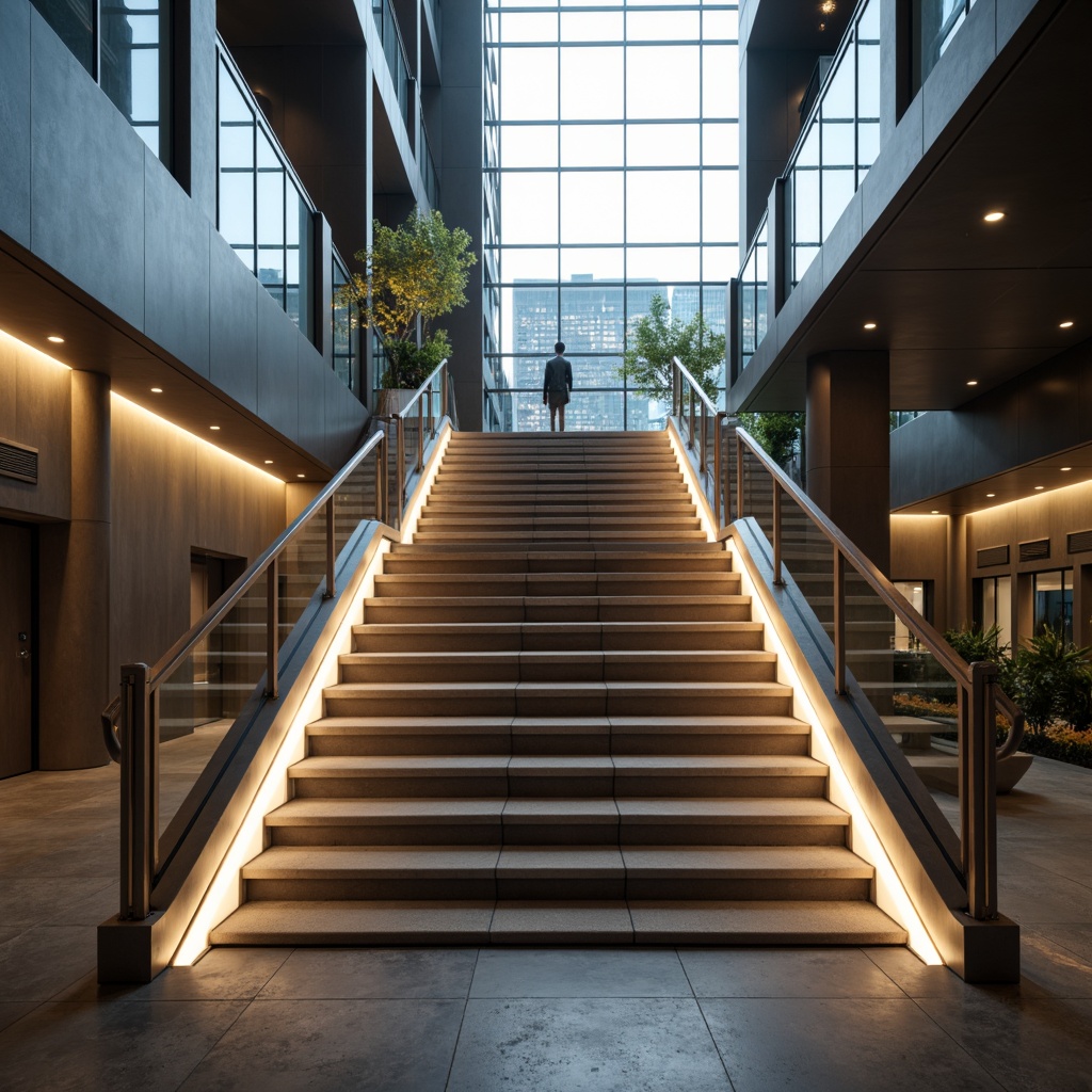 Prompt: Sleek modern staircase, minimalist railings, LED strip lighting, warm white glow, ambient illumination, shadow-free stairs, polished metal handrails, glass balustrades, open risers, floating treads, luxurious carpeting, subtle color palette, sophisticated architecture, spacious atrium, natural light pouring in, soft indirect lighting, 1/1 composition, dramatic shadows, realistic reflections, detailed textures.