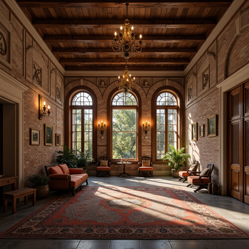 Prompt: Renaissance-style mansion, ornate stone carvings, stained glass windows, arched doorways, intricately designed wooden shutters, rustic brick fa\u00e7ade, vintage metalwork, grandeur interior spaces, opulent chandeliers, lavish furnishings, richly patterned rugs, warm golden lighting, soft focus blur, 1/2 composition, symmetrical framing, realistic wood textures, ambient occlusion.