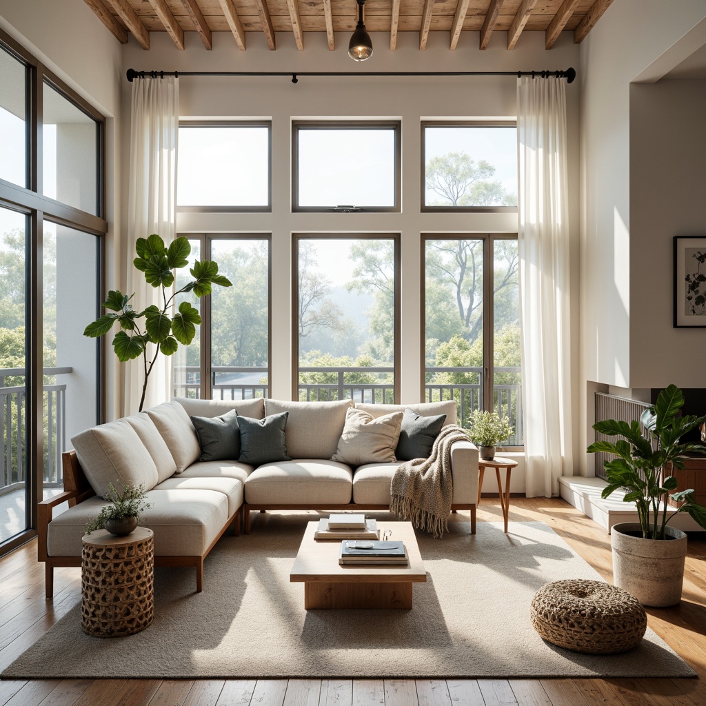 Prompt: Light-filled Scandinavian living room, soft wood accents, creamy whites, warm beiges, gentle grays, earthy browns, calming blues, muted greens, natural textiles, woven baskets, minimalist decor, industrial-chic lighting, metal frames, reclaimed wooden floors, plush throw blankets, cozy reading nooks, floor-to-ceiling windows, sheer curtains, organic shapes, subtle patterns, airy atmosphere, soft warm glow, shallow depth of field, 2/3 composition, realistic textures, ambient occlusion.