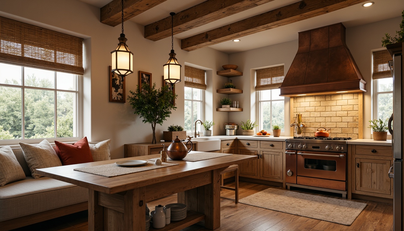 Prompt: Warm kitchen ambiance, rustic wooden cabinets, earthy tone countertops, farmhouse sink, pendant lanterns, soft warm lighting, cozy breakfast nook, natural stone backsplash, exposed wooden beams, traditional cooking range, copper accents, woven textiles, vintage-inspired decorative items, creamy white walls, distressed wood flooring, subtle color palette, ambient Occlusion, shallow depth of field, 2/3 composition, realistic textures.