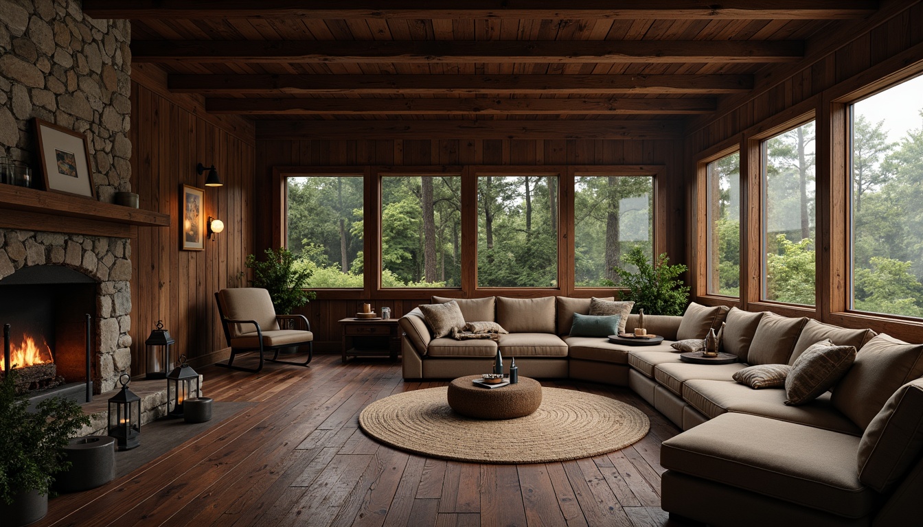 Prompt: Rustic cabin, wooden accents, natural stone walls, earthy tones, reclaimed wood flooring, vintage furniture, distressed textures, metal lanterns, candle lighting, warm cozy atmosphere, misty forest surroundings, dense foliage, overcast sky, soft warm light, shallow depth of field, 1/2 composition, realistic renderings, ambient occlusion.