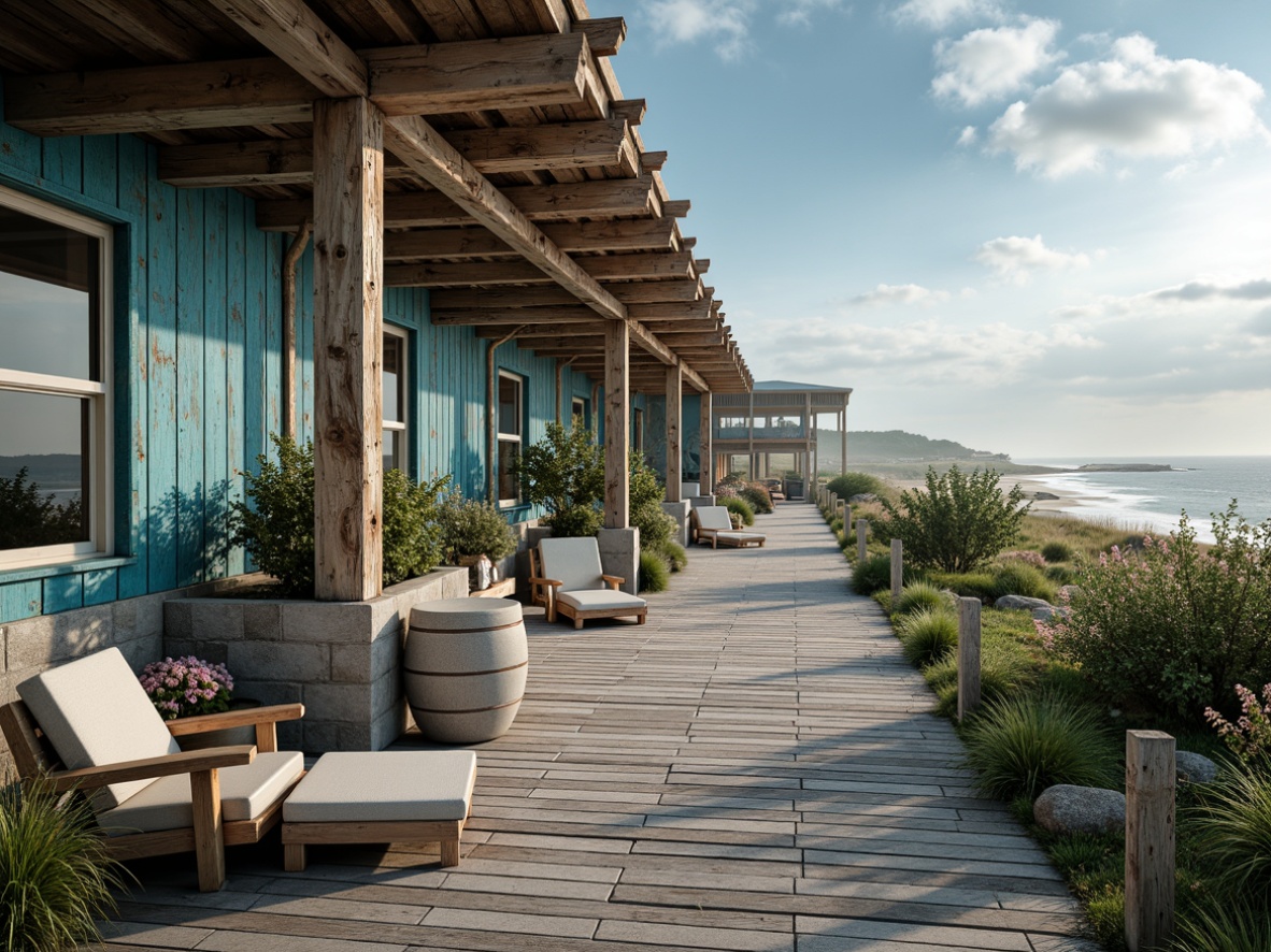 Prompt: Weathered wooden planks, driftwood accents, ocean-blue hues, sea-salt air, misty mornings, rustic beachside cottages, distressed finishes, natural stone foundations, wildflower-adorned gardens, sandy pathways, coastal vistas, panoramic windows, soft warm lighting, shallow depth of field, 1/1 composition, realistic textures, ambient occlusion.