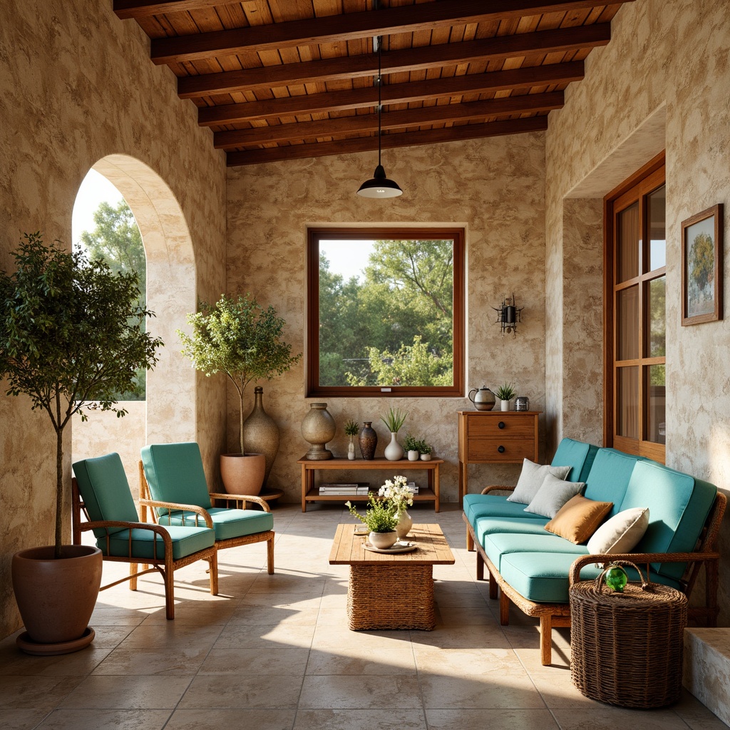 Prompt: Warm Mediterranean villa, rustic stone walls, arched windows, ceramic tile flooring, distressed wood accents, woven rattan furniture, potted olive trees, vibrant turquoise hues, soft golden lighting, shallow depth of field, 1/2 composition, warm beige tones, natural stone textures, ambient occlusion.