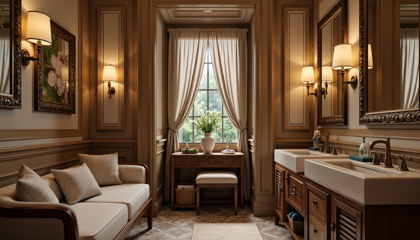 Prompt: Elegant powder room, soft warm lighting, rich wood paneling, antique furniture, ornate mirrors, luxurious textiles, subtle color palette, muted tones, creamy whites, gentle grays, soothing blues, earthy browns, sophisticated neutrals, vintage-inspired decor, classic architectural details, intricate moldings, ornamental fixtures, lavish fabrics, subtle sheen, warm beige walls, dark wood accents, antique bronze hardware, soft focus, shallow depth of field, 1/1 composition.