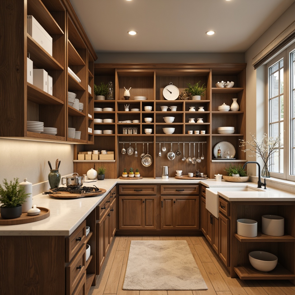 Prompt: Cozy pantry, compact shelving units, adjustable storage bins, sliding drawers, retractable spice racks, wall-mounted pot lids, hanging utensil organizers, corner carousel shelves, sleek countertops, modern minimalist decor, soft warm lighting, shallow depth of field, 1/1 composition, realistic textures, ambient occlusion.