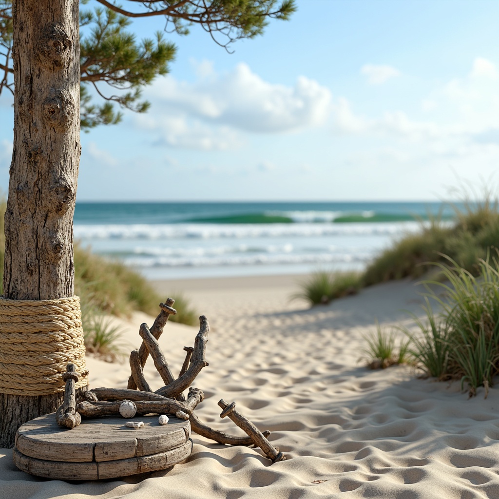 Prompt: Serene ocean views, weathered driftwood, soft sandy dunes, calming seafoam green, soothing blues, crisp whites, warm beige tones, natural textures, distressed wood accents, nautical ropes, vintage anchors, coral patterns, shell decorations, sunny day, gentle sea breeze, shallow depth of field, 3/4 composition, panoramic view, realistic ocean waves, ambient occlusion.