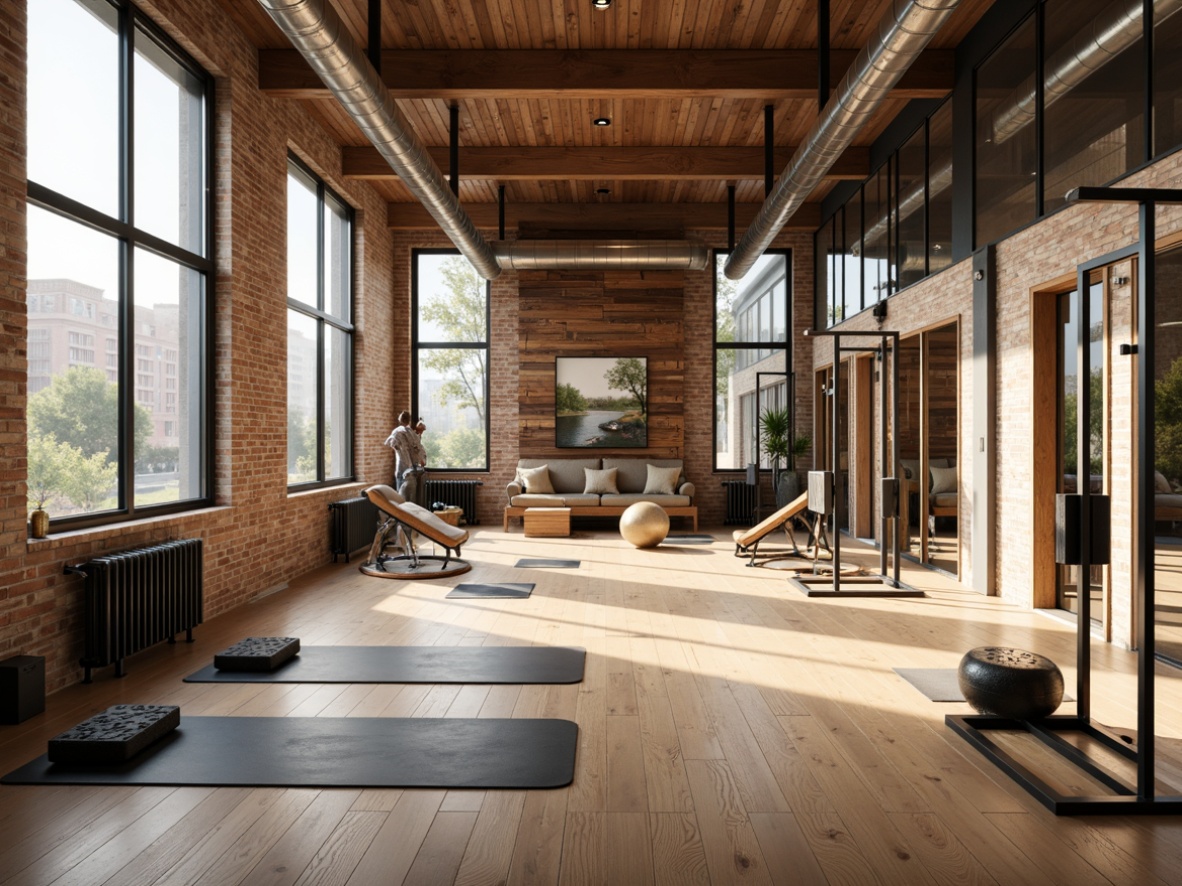 Prompt: Minimalist home gym, natural wood flooring, mirrored walls, large windows, abundant sunlight, sleek metal equipment, free weights, exercise machines, yoga mats, calming color scheme, industrial chic decor, exposed brick walls, reclaimed wood accents, high ceilings, airy atmosphere, soft warm lighting, shallow depth of field, 3/4 composition, panoramic view, realistic textures, ambient occlusion.