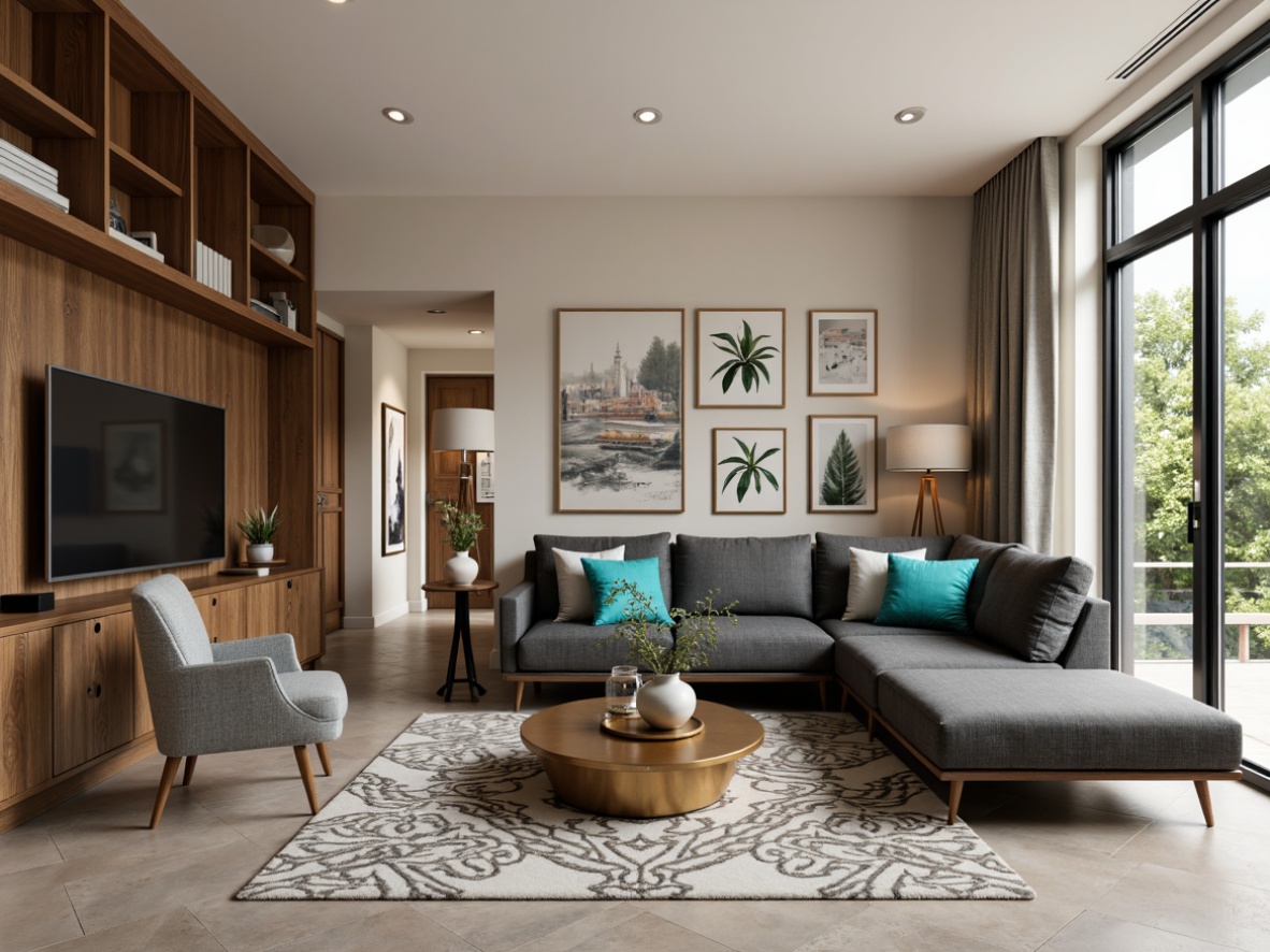 Prompt: Modern living room, neutral beige walls, rich walnut wood accents, plush charcoal grey sofas, vibrant turquoise throw pillows, metallic gold coffee tables, geometric patterned rugs, floor-to-ceiling windows, natural daylight, soft warm lighting, 1/2 composition, shallow depth of field, realistic textures, ambient occlusion.