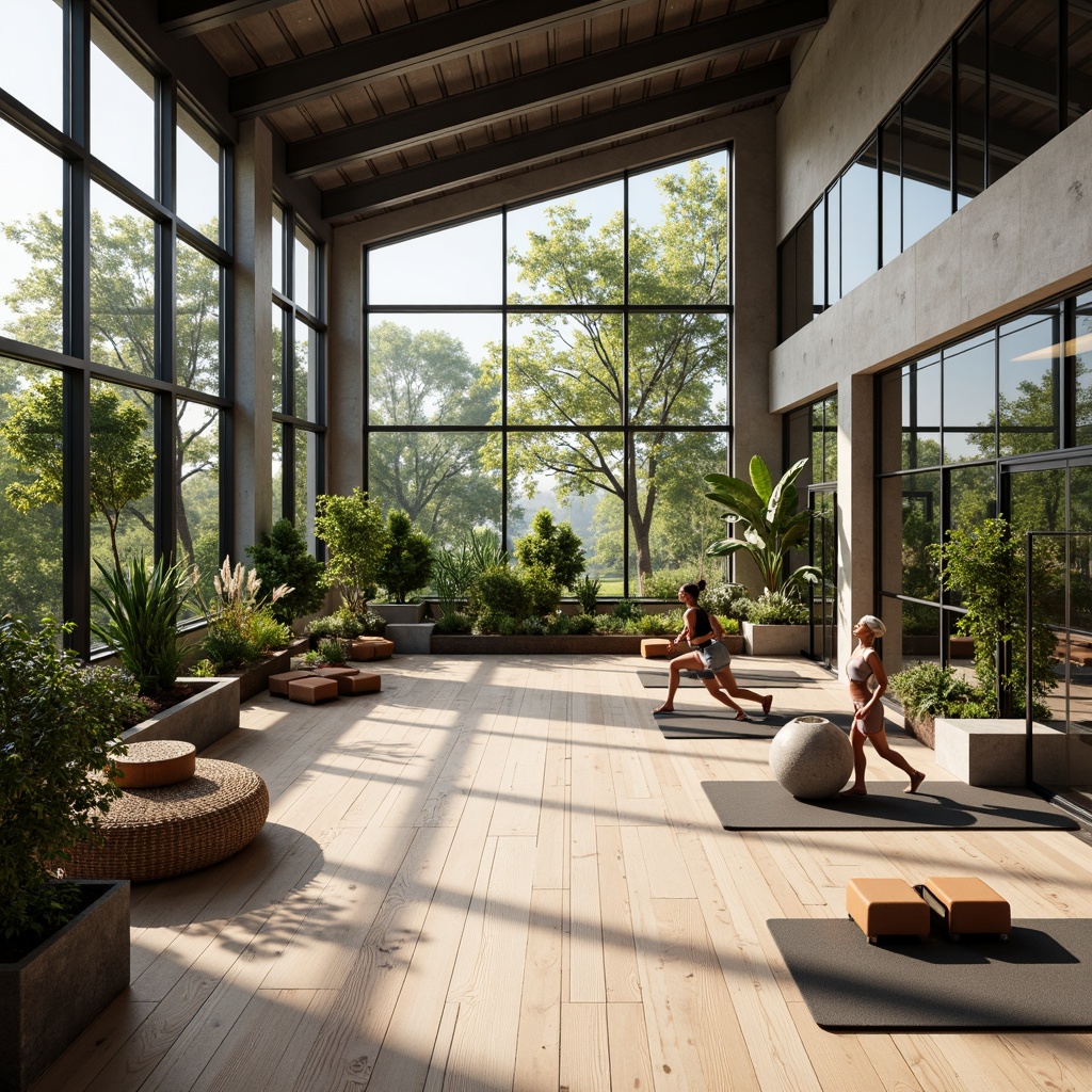 Prompt: Modern home gym, floor-to-ceiling windows, natural wood flooring, mirrored walls, high ceilings, bright and airy atmosphere, plenty of greenery, plants on shelves, industrial-style lighting fixtures, metal beams, minimalist decor, functional equipment, exercise machines, free weights, yoga mats, calm color palette, soft warm lighting, 1/1 composition, shallow depth of field, realistic textures.