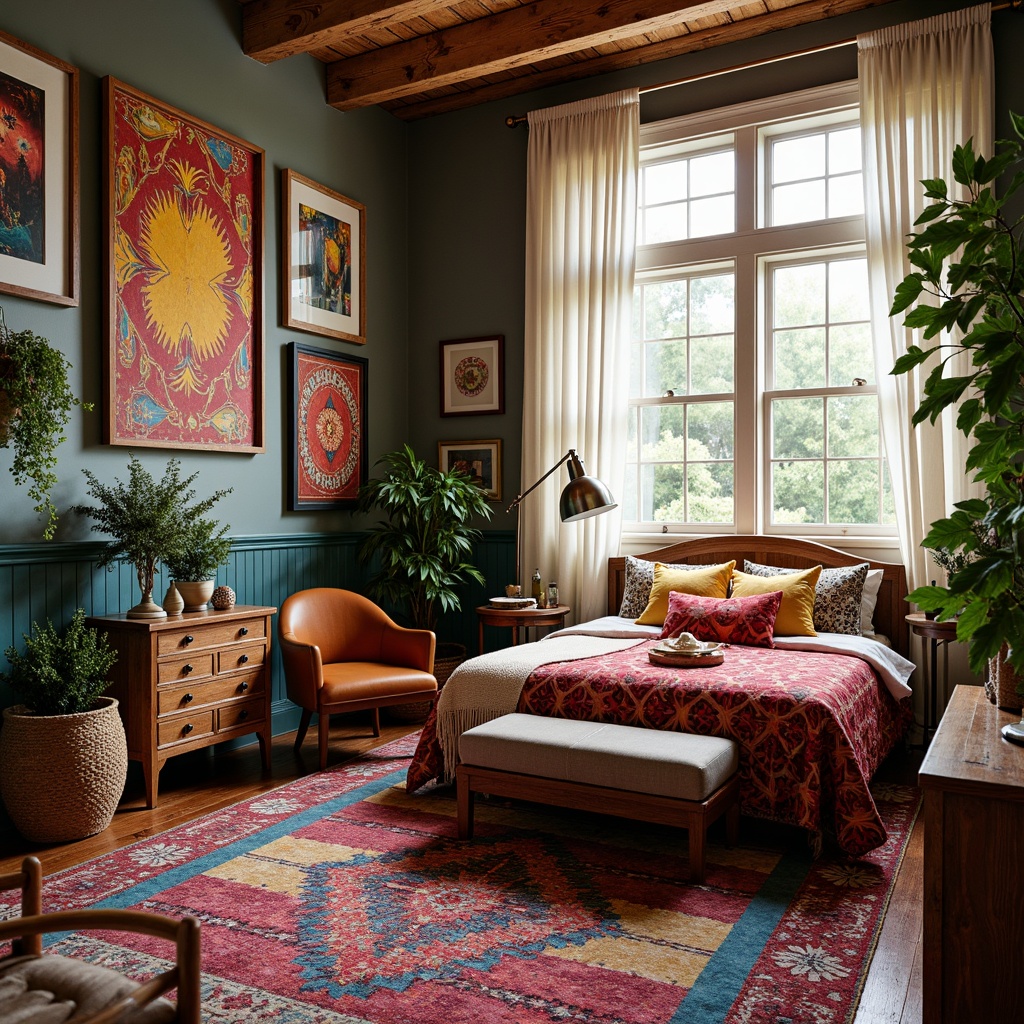 Prompt: Vibrant eclectic bedroom, bold patterned rugs, plush velvet armchair, distressed wood furniture, antique metal lamp, colorful Moroccan-inspired tiles, eclectic art collection, lush greenery, natural light pouring in, sheer curtains, macrame wall hanging, bohemian-chic textiles, global-inspired prints, abstract expressionist artwork, mixed metallic accents, reclaimed wood accent wall, soft warm lighting, shallow depth of field, 1/1 composition, intimate atmosphere.