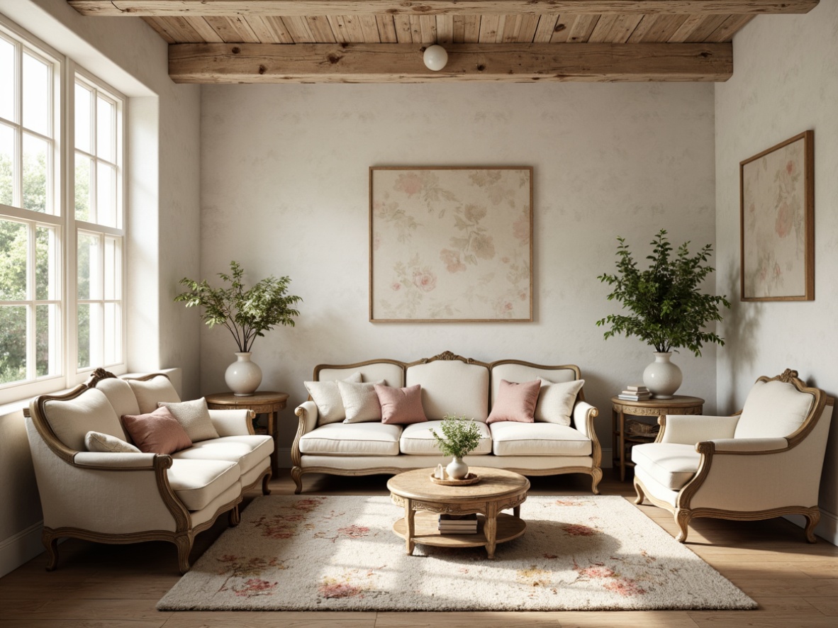 Prompt: Soft creamy whites, distressed wood accents, vintage rose hues, muted sage greens, warm beige tones, subtle gold metallics, rustic linen textures, ornate furniture details, lace trimmings, floral patterns, natural light pouring in, cozy reading nooks, comfortable plush rugs, elegant curved lines, romantic French country inspirations.