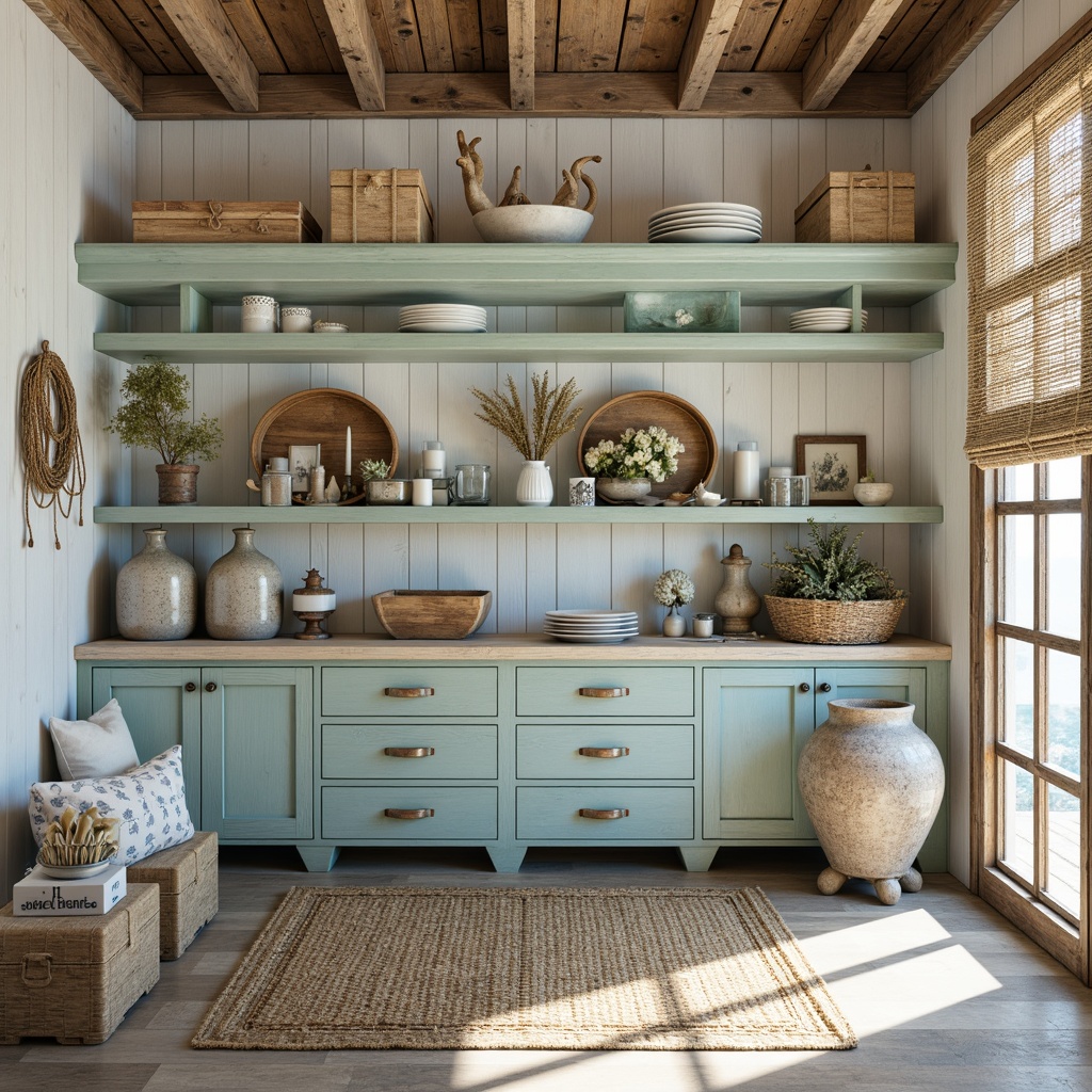 Prompt: Coastal storage room, distressed wood shelving, nautical rope accents, weathered metal hardware, ocean-inspired decorative boxes, natural fiber baskets, driftwood furniture legs, sea-salt scented candles, soft blue-green color palette, woven jute rugs, porthole-style mirrors, coral-patterned textiles, shell-adorned vases, sunny daytime lighting, shallow depth of field, 1/1 composition, realistic textures, ambient occlusion.