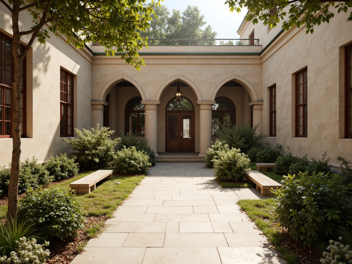 Prompt: Earthy tones, weathered stone walls, rusty metal accents, lush greenery, natural wood benches, subtle cream hues, warm beige stonework, soft moss textures, elegant archways, classical columns, sophisticated neutral tones, refined academic atmosphere, misty morning light, gentle shadows, 1/1 composition, realistic rendering, ambient occlusion.