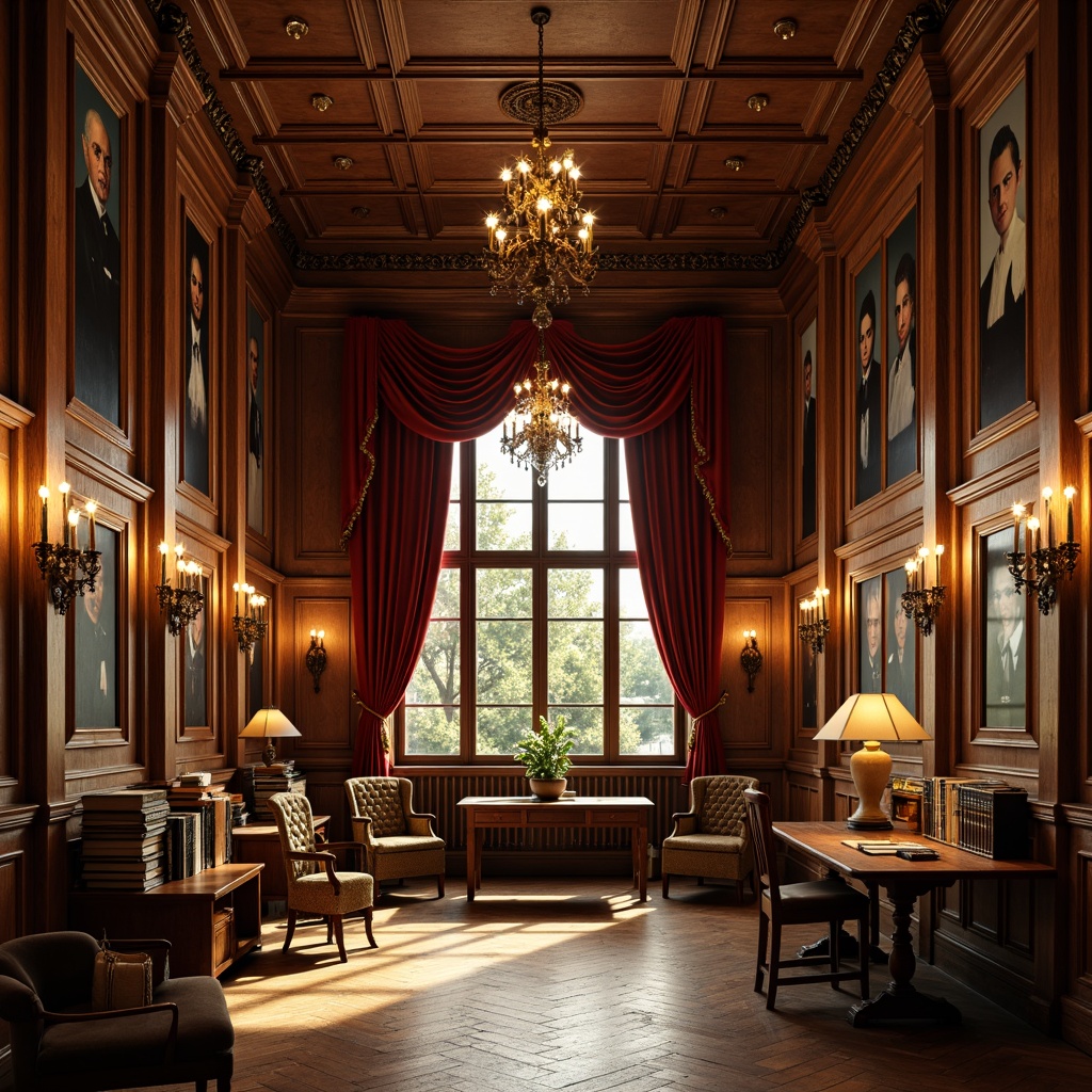 Prompt: Traditional university atmosphere, oak wood paneling, classic chandeliers, rich velvet drapes, ornate mirrors, elegant sconces, vintage maps, oil painting portraits, leather-bound books, polished wooden tables, comfortable armchairs, warm golden lighting, subtle texture overlay, 1/2 composition, symmetrical framing, realistic reflections, ambient Occlusion.