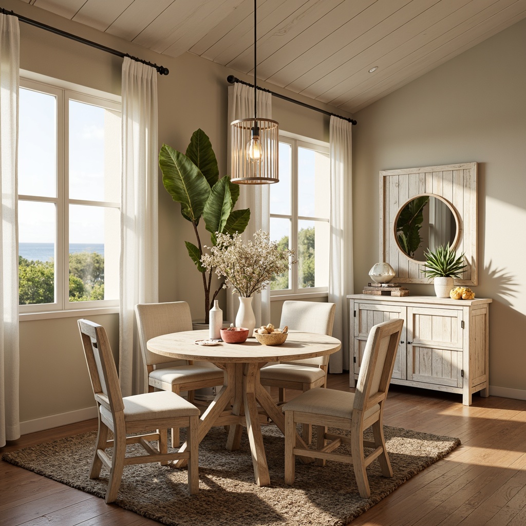 Prompt: Coastal style dining room, warm beige walls, driftwood furniture, natural linen upholstery, ocean-inspired color palette, soft blues, calming whites, sandy neutrals, seafoam greens, coral pinks, distressed wood accents, vintage nautical decor, rope detailing, woven jute rugs, sheer curtains, beachy textures, relaxed ambiance, soft golden lighting, 1/1 composition, intimate setting, realistic reflections, subtle water effects.