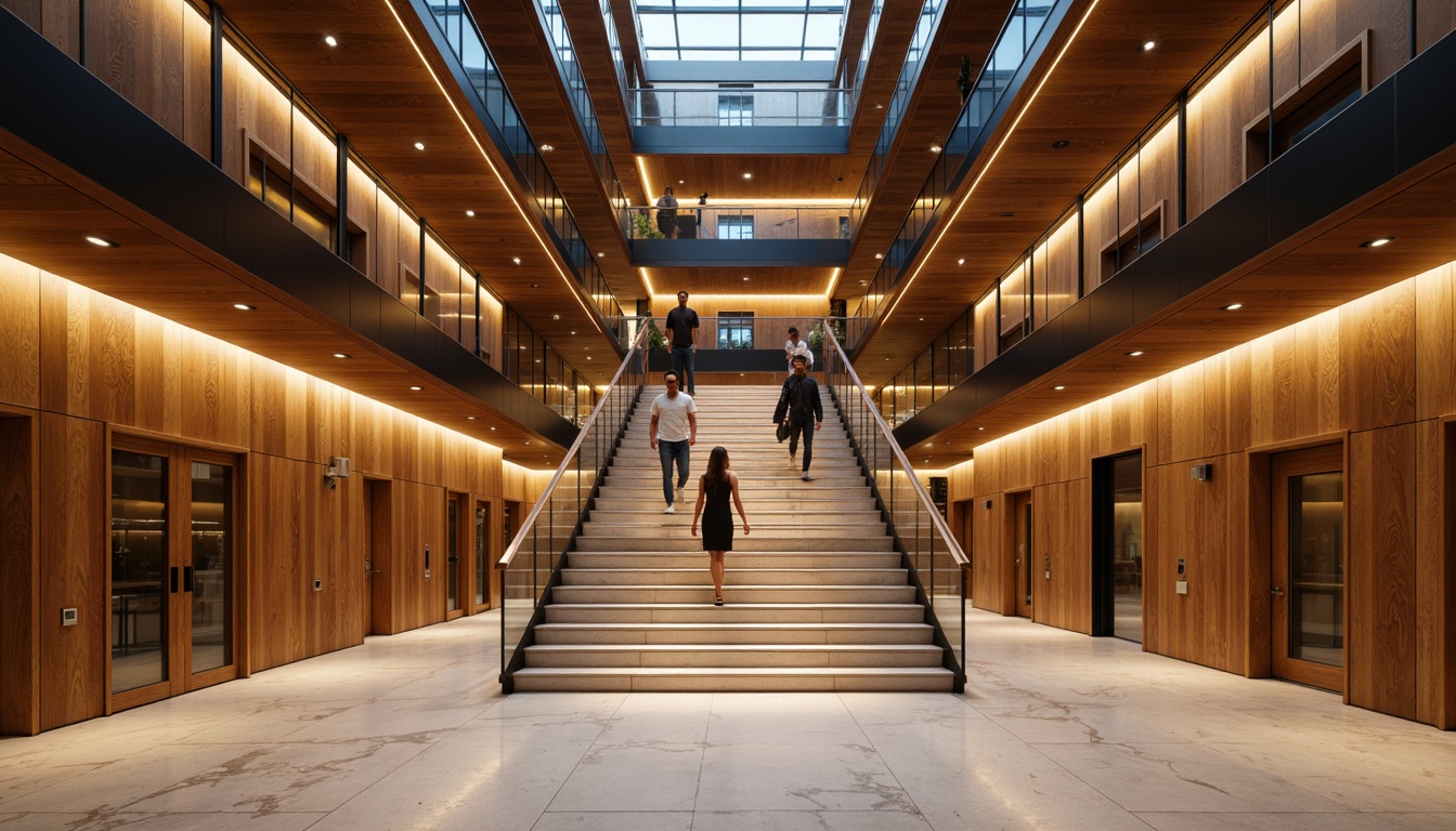 Prompt: Luxurious stairwell, sleek metal railings, rich wood tones, minimalist design, open-plan layout, modern geometric patterns, LED strip lighting, floating steps, glass balustrades, polished marble floors, high-ceilinged atrium, dramatic vertical space, warm ambient glow, 1/1 composition, shallow depth of field, realistic textures, soft focus blur.