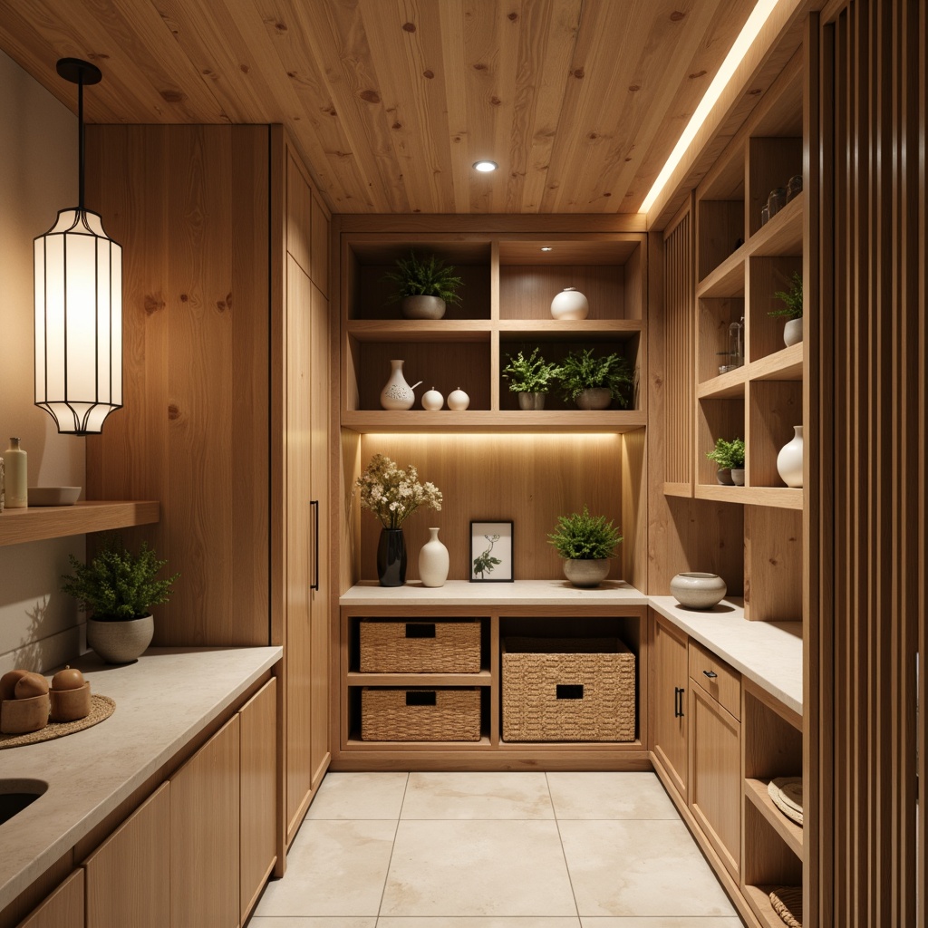 Prompt: Asian-inspired pantry interior, natural wood tones, sliding doors, minimalist hardware, rice paper lanterns, woven bamboo storage bins, ceramic vases, fragrant herb planters, warm beige countertops, recessed lighting, 3/4 composition, shallow depth of field, realistic textures, ambient occlusion.