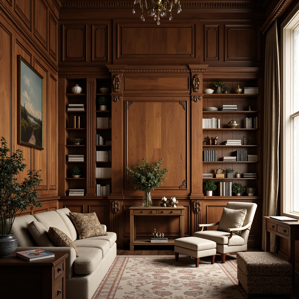 Prompt: Elegant wooden cabinetry, ornate carvings, vintage hardware, distressed finishes, rich wood tones, soft warm lighting, traditional furniture pieces, plush upholstery, heavy drapery, luxurious fabrics, classic color palette, subtle patterns, refined textures, 3/4 composition, shallow depth of field, realistic reflections, ambient occlusion.