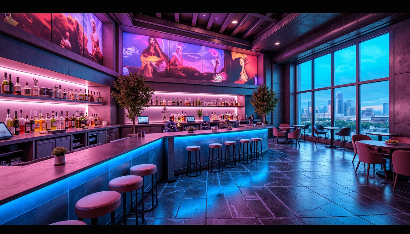 Prompt: Futuristic home bar, neon-lit ambiance, sleek metal countertops, holographic displays, levitating stools, chromatic glass shelves, iridescent tile patterns, geometric mosaics, LED-backlit liquor displays, cyberpunk-inspired decor, mirror-finish stainless steel, high-gloss epoxy resin floors, ambient electronic music, futuristic cocktail machines, robotic bartender assistants, 3D-printed decorative accents, atmospheric misting systems, panoramic cityscape views, soft pulsing lighting, shallow depth of field, modern minimalist composition.