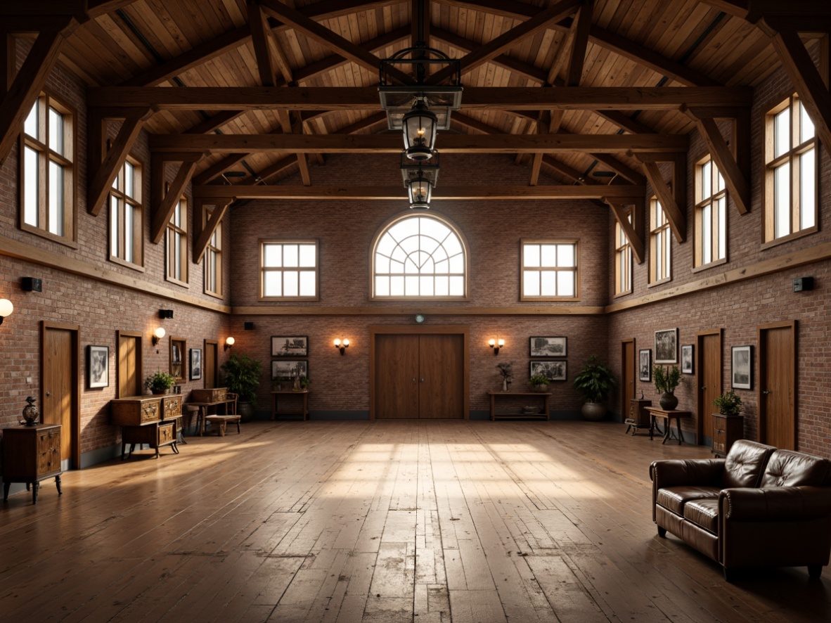 Prompt: Warmly lit gymnasium, rustic wooden beams, vintage metal lanterns, distressed brick walls, earthy color palette, soft warm lighting, high ceilings, large windows, natural ventilation, antique sports equipment, worn leather furniture, nostalgic trophies, ambient occlusion, shallow depth of field, 1/2 composition, cinematic mood, realistic textures.