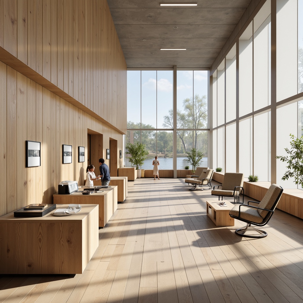 Prompt: Light-filled museum interior, minimalist exhibit spaces, functional display cases, sleek wooden benches, Scandinavian modern furniture, ergonomic chairs, natural oak wood accents, matte black metal frames, warm beige textiles, subtle Nordic patterns, ambient soft lighting, shallow depth of field, 1/1 composition, realistic wood grain textures, ambient occlusion, neutral color palette.