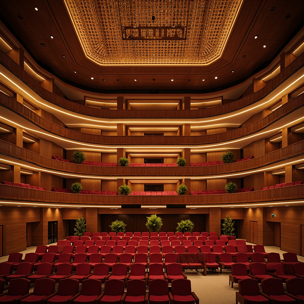 Prompt: Luxurious auditorium interior, wooden acoustic panels, sound-absorbing materials, curved lines, modern minimalist design, professional audio equipment, tiered seating, plush red velvet chairs, ornate golden balconies, intricate ceiling patterns, soft warm lighting, shallow depth of field, 3/4 composition, realistic textures, ambient occlusion.