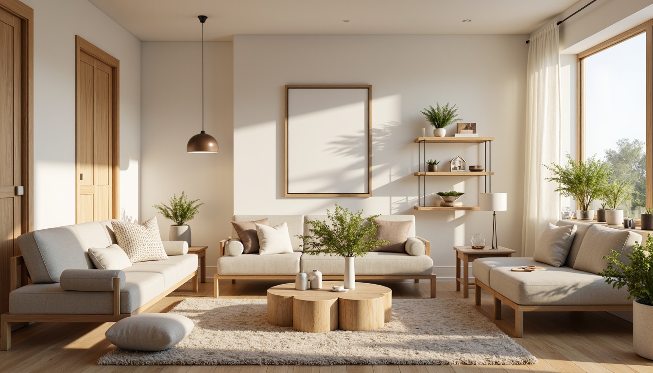 Prompt: Cozy living room, Nordic-inspired furniture, soft warm lighting, table lamps, floor lamps, pendant lights, natural materials, wood accents, minimalist decor, light-colored walls, creamy whites, pale woods, subtle textures, atmospheric ambiance, warm beige tones, inviting atmosphere, morning sunlight, gentle glow, 1/1 composition, shallow depth of field, realistic rendering.