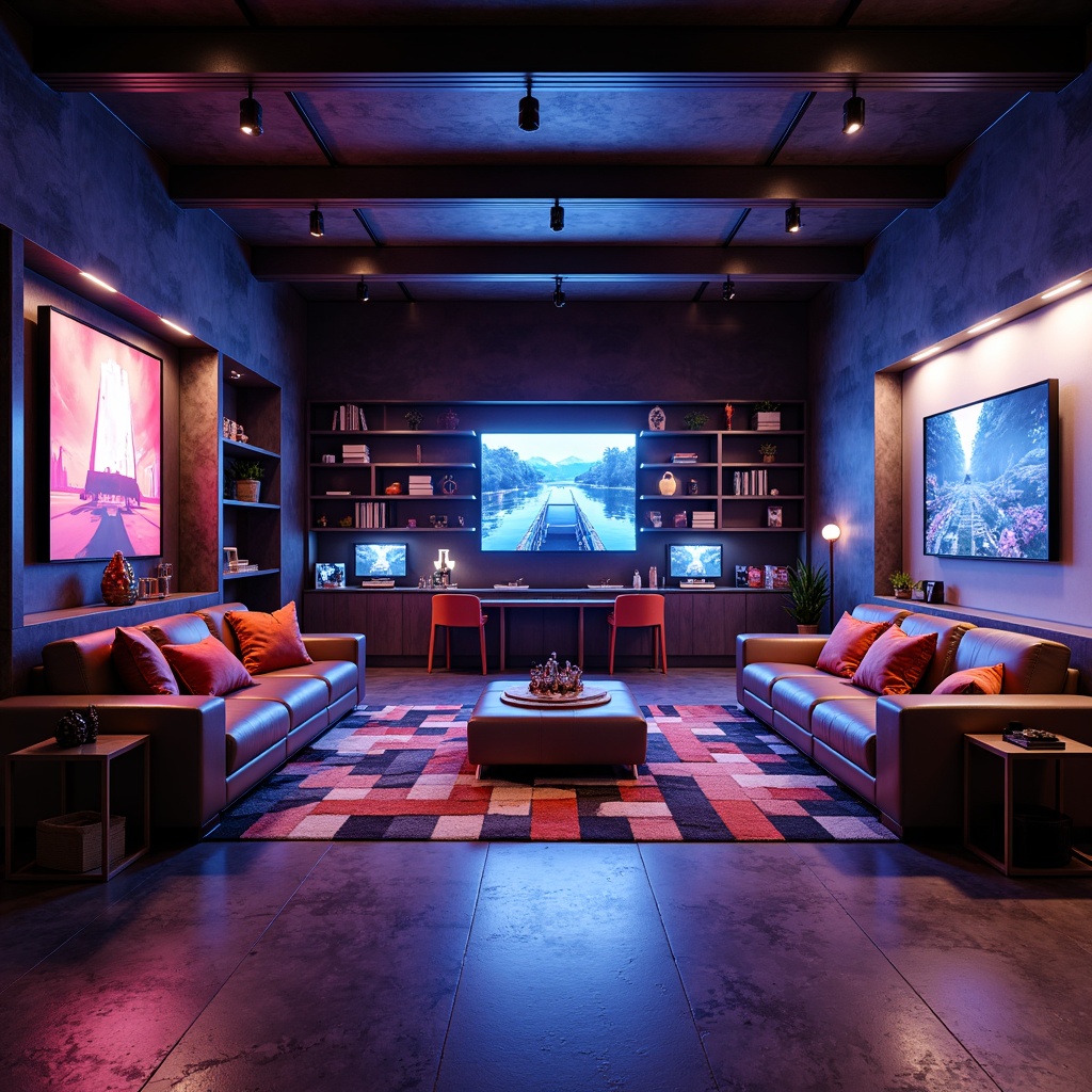 Prompt: Modern game room, sleek minimalist decor, low-profile sofas, angular coffee tables, geometric-patterned rugs, wall-mounted TVs, neon accent lighting, metallic finishes, bold color schemes, high-gloss surfaces, retro-futuristic arcade machines, vintage console decorations, cozy reading nooks, floor-to-ceiling shelves, industrial-chic metal beams, polished concrete floors, dramatic spotlights, 3/4 composition, cinematic camera angles, realistic reflections, ambient occlusion.