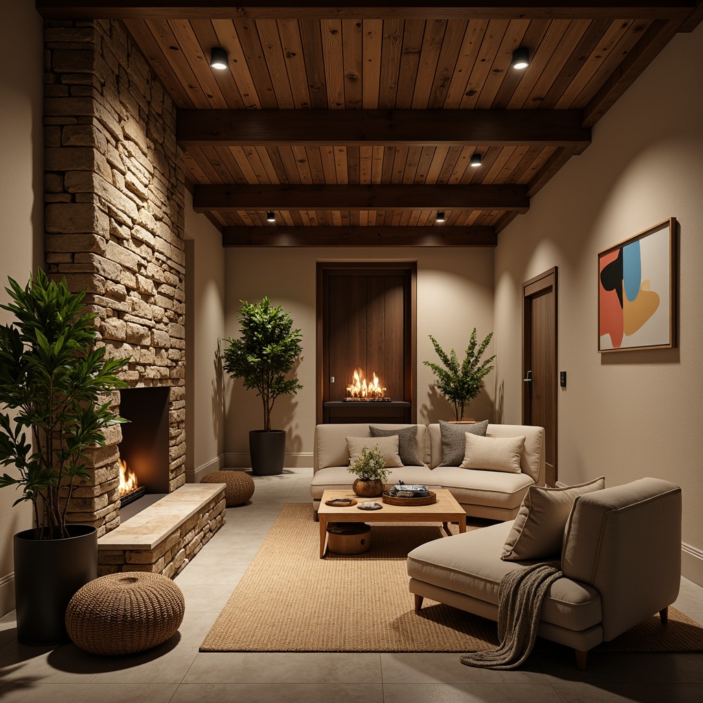 Prompt: Cozy basement, warm earthy tones, rich wood accents, soft beige walls, comfortable seating areas, rustic stone fireplaces, dimmable warm lighting, plush area rugs, natural fiber textiles, calming blue undertones, soothing greenery, minimalist decor, industrial metal beams, concrete floors, intimate ambient atmosphere, dramatic shadows, low-key color scheme, 1/1 composition, realistic textures, soft focus effect.