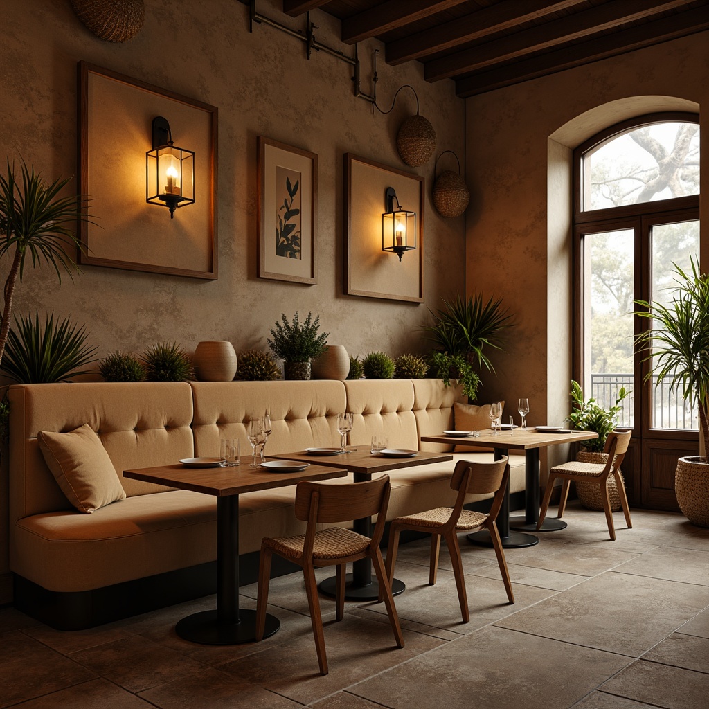 Prompt: Cozy restaurant interior, plush upholstery, soft velvet fabrics, warm beige tones, comfortable seating, rustic wooden tables, natural stone floors, earthy color palette, organic textures, woven baskets, pendant lanterns, intimate ambiance, relaxed atmosphere, soft diffused lighting, 3/4 composition, shallow depth of field, realistic materials, ambient occlusion.