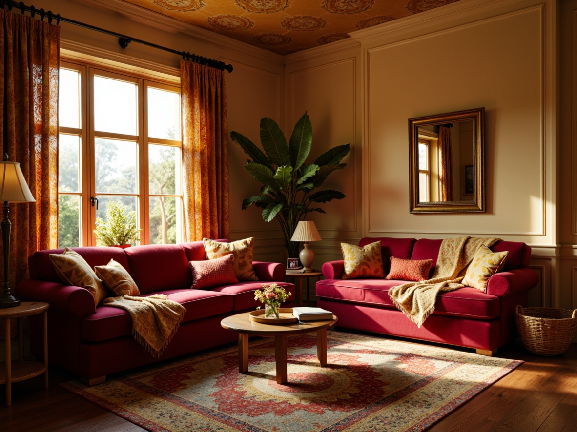 Prompt: Cozy living room, plush velvet sofas, soft golden lighting, warm beige walls, rich wood accents, comfortable throw blankets, vibrant colorful pillows, intricate geometric patterns, luxurious silk drapes, ambient subtle shadows, shallow depth of field, 1/1 composition, realistic textures, cozy atmosphere, relaxing ambiance.