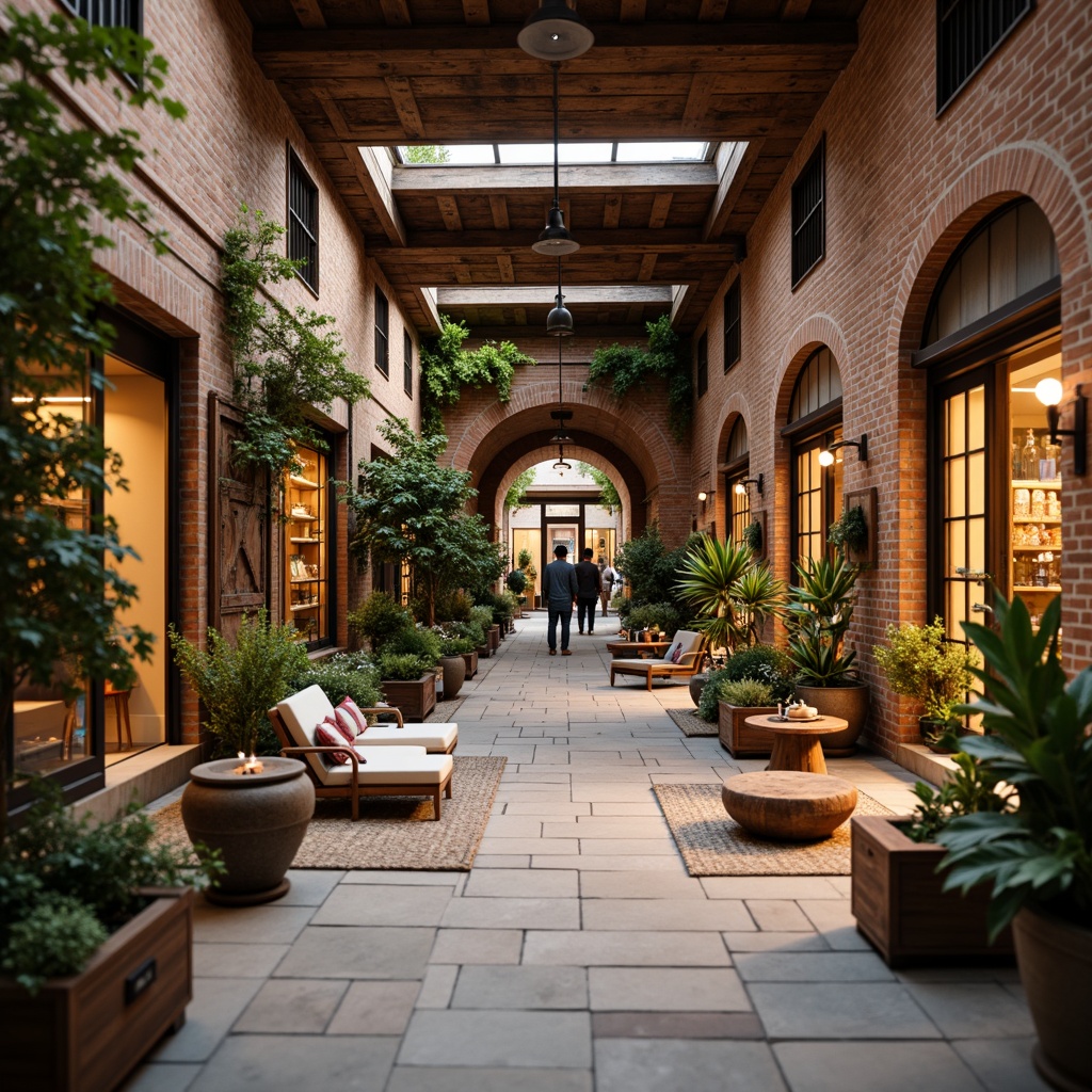 Prompt: Earthy tone shopping center, exposed brick walls, wooden accents, natural stone flooring, distressed wooden beams, rustic metal decorations, cozy seating areas, lush greenery, warm lighting, shallow depth of field, 1/1 composition, realistic textures, ambient occlusion, vibrant local artisanal products, eclectic storefronts, ornate wooden doors, decorative archways, intimate courtyard spaces, soft warm color palette, rich textiles, vintage-inspired display cases.