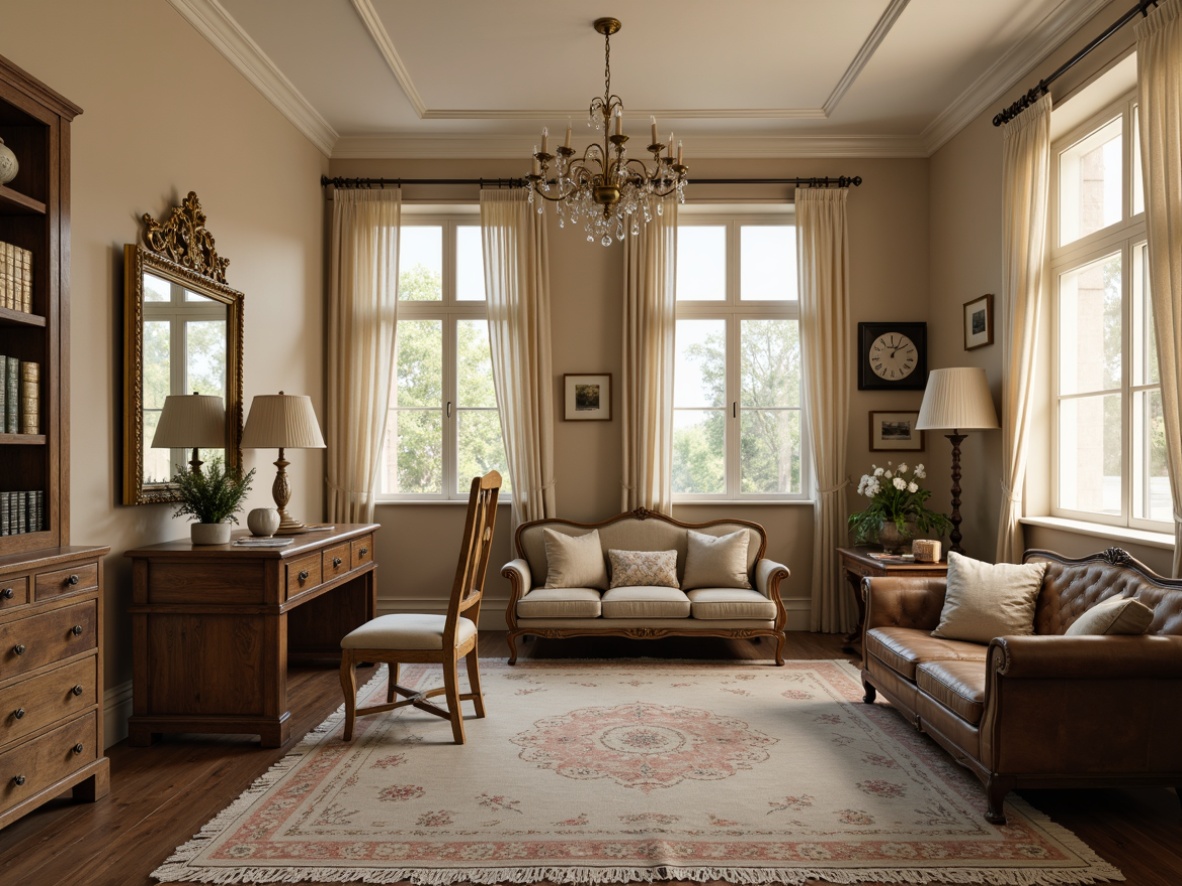 Prompt: Distressed wooden desk, vintage metal chair, soft pastel colors, floral patterned rug, lace curtains, antique clock, worn leather sofa, ornate gold frame mirror, distressed finish bookshelf, white porcelain vase, soft candlelight, warm beige walls, natural wood flooring, elegant chandelier, subtle texture overlay, shallow depth of field, 1/1 composition, realistic rendering.