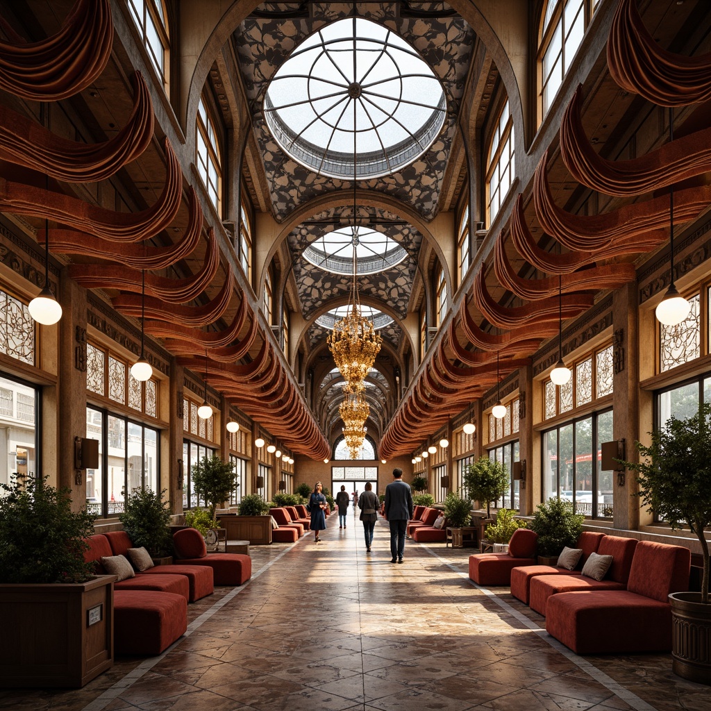 Prompt: Intricate ornate bus station, flowing sinuous lines, organic forms, luxurious textiles, velvet upholstery, intricate patterns, Moorish-inspired tiles, stained glass canopies, wrought iron framework, grand entrance, high ceilings, ornate chandeliers, soft warm lighting, shallow depth of field, 1/1 composition, realistic textures, ambient occlusion.