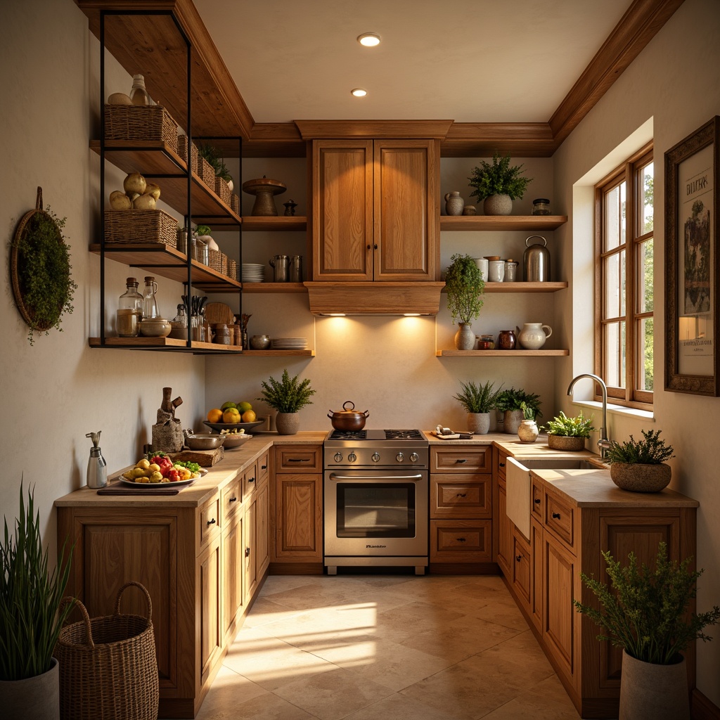 Prompt: Warm pantry, natural wood cabinets, soft golden lighting, earthy tone countertops, creamy white walls, warm beige flooring, rustic metal accents, vintage kitchen utensils, woven baskets, greenery on shelves, fresh fruits and vegetables, cozy atmosphere, shallow depth of field, 1/1 composition, realistic textures, ambient occlusion.