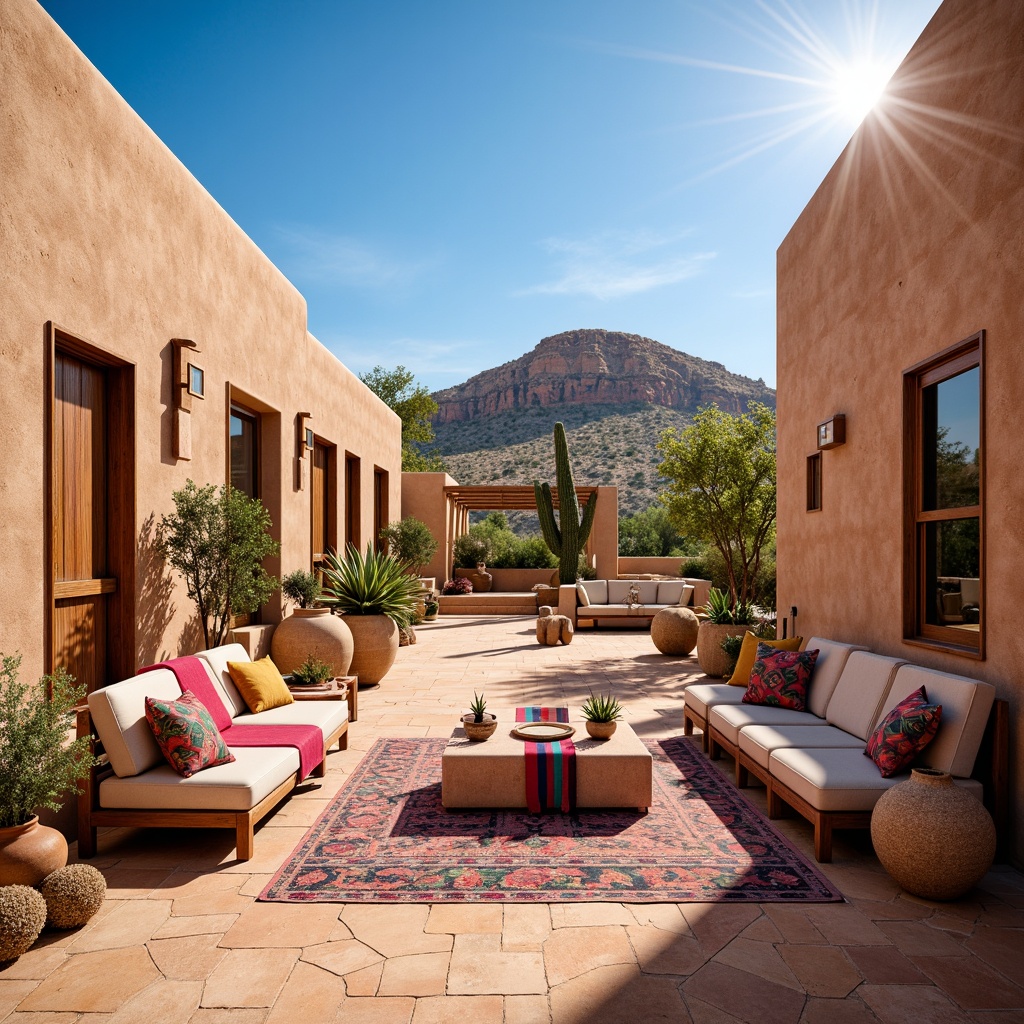 Prompt: Vibrant Southwestern-inspired textiles, colorful woven blankets, Native American-patterned rugs, earthy tone fabrics, geometric motif upholstery, bold stripes, natural fiber materials, rustic wooden furniture, adobe-style architecture, warm desert landscape, cactus plants, hot sunny day, clear blue sky, vast open space, traditional Pueblo influences, earthy pottery accents, handmade craft details, soft warm lighting, shallow depth of field, 3/4 composition, panoramic view.