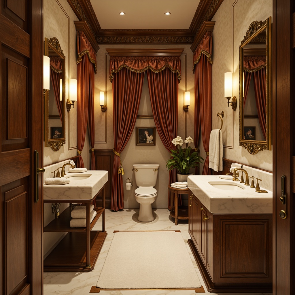 Prompt: Richly ornamented powder room, luxurious velvet drapes, subtle gold accents, soft warm beige walls, ornate mirrors, delicate porcelain fixtures, elegant marble countertops, vintage apothecary cabinets, antique bronze doorknobs, sophisticated academic atmosphere, muted earthy tones, warm golden lighting, shallow depth of field, 1/2 composition, realistic textures, ambient occlusion.