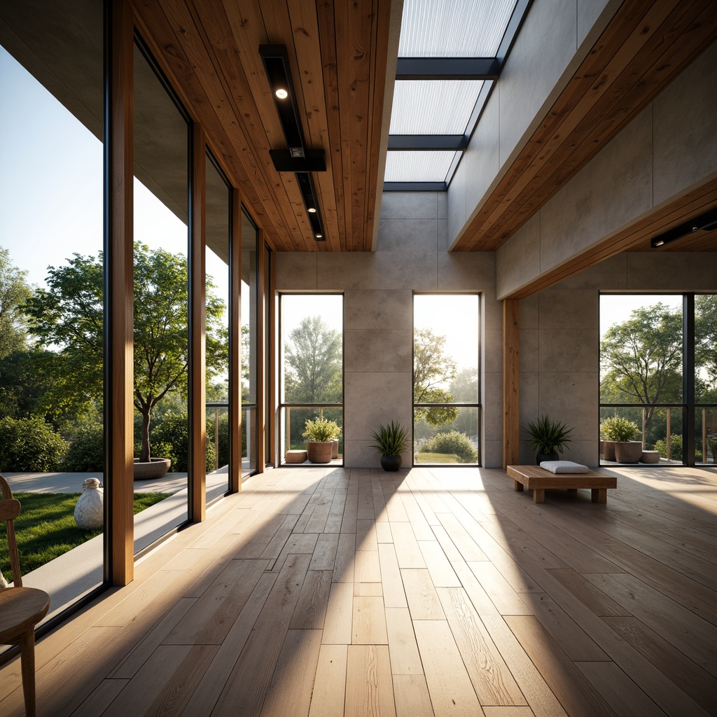 Prompt: Bright home gym, large windows, sliding glass doors, mirrors, wooden floors, minimalist decor, industrial chic aesthetic, high ceilings, skylights, clerestory windows, natural stone walls, greenery views, morning sunlight, soft warm lighting, 3/4 composition, panoramic view, realistic textures, ambient occlusion.