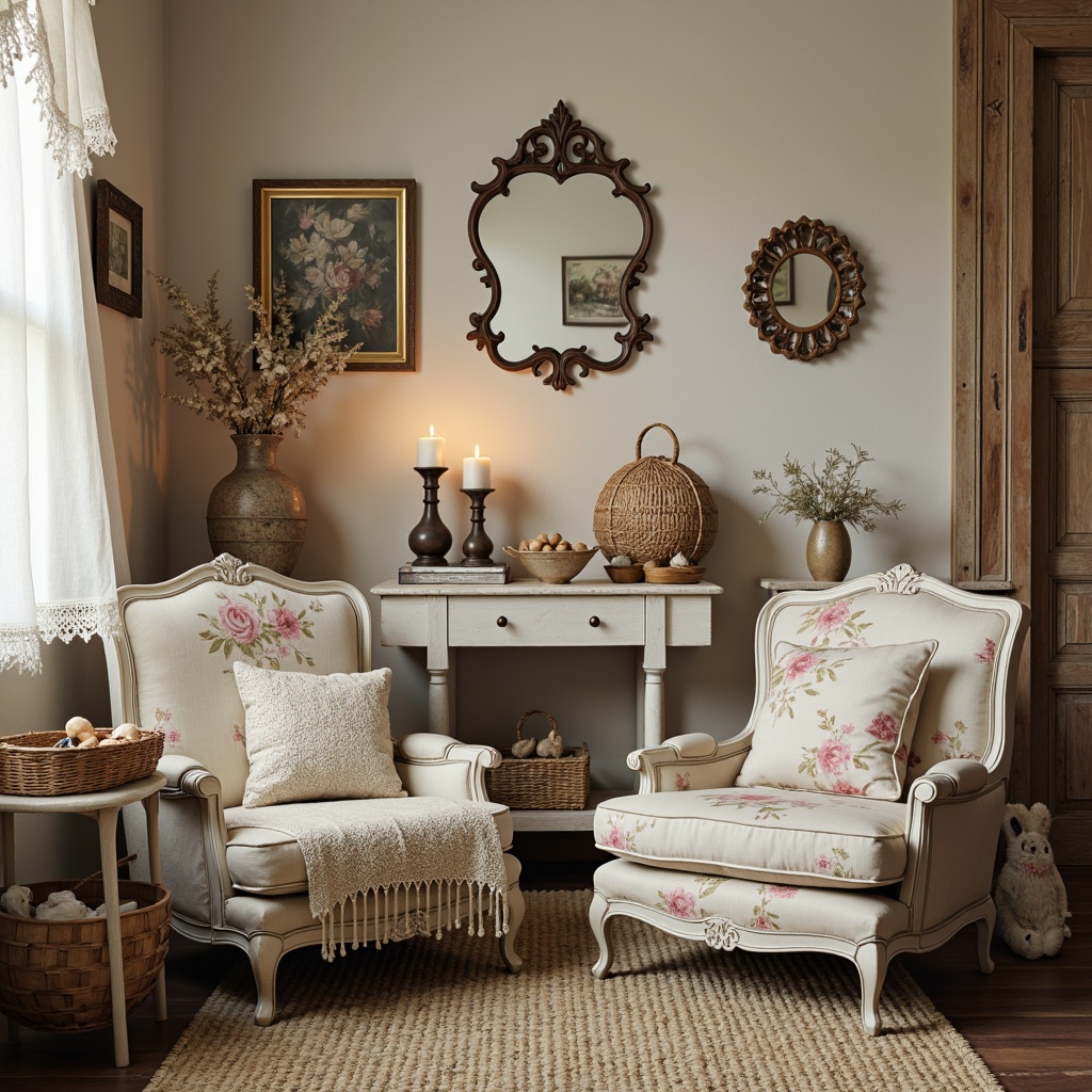 Prompt: Vintage distressed furniture, soft pastel colors, floral patterns, lace trimmings, ruffled curtains, worn wood accents, antique metal hardware, ornate mirrors, feminine decorative accessories, natural textiles, cotton fabrics, linen drapes, woven baskets, vintage-inspired rugs, warm candle lighting, shallow depth of field, 1/1 composition, intimate atmosphere, soft focus, realistic textures.