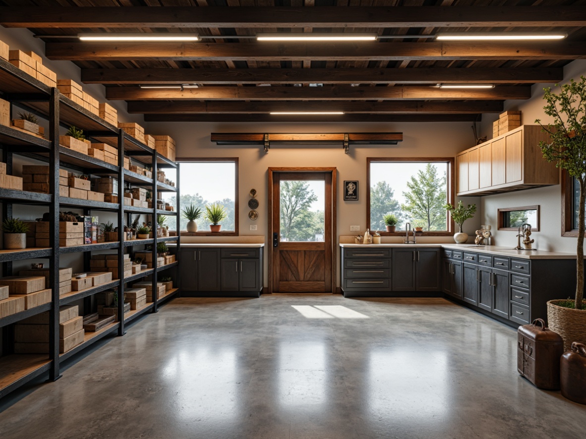 Prompt: Modern garage interior, sleek metal shelves, industrial-style cabinets, durable epoxy flooring, overhead storage racks, sliding barn doors, natural wood accents, recessed LED lighting, 3/4 composition, shallow depth of field, soft warm lighting, realistic textures, ambient occlusion.