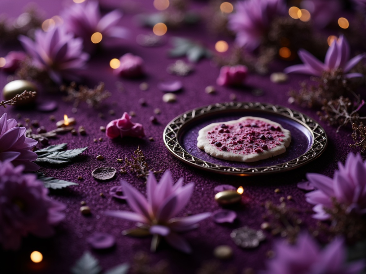 Prompt: Rich plum accents, deep eggplant hues, lavender undertones, soft violet shades, metallic amethyst highlights, warm mulberry tones, iridescent magenta sheen, luxurious velvet textures, dark berry wine colors, whimsical floral patterns, delicate lace details, ornate golden frames, mystical twilight ambiance, soft focus photography, shallow depth of field, 1/1 composition, dreamy atmospheric lighting.